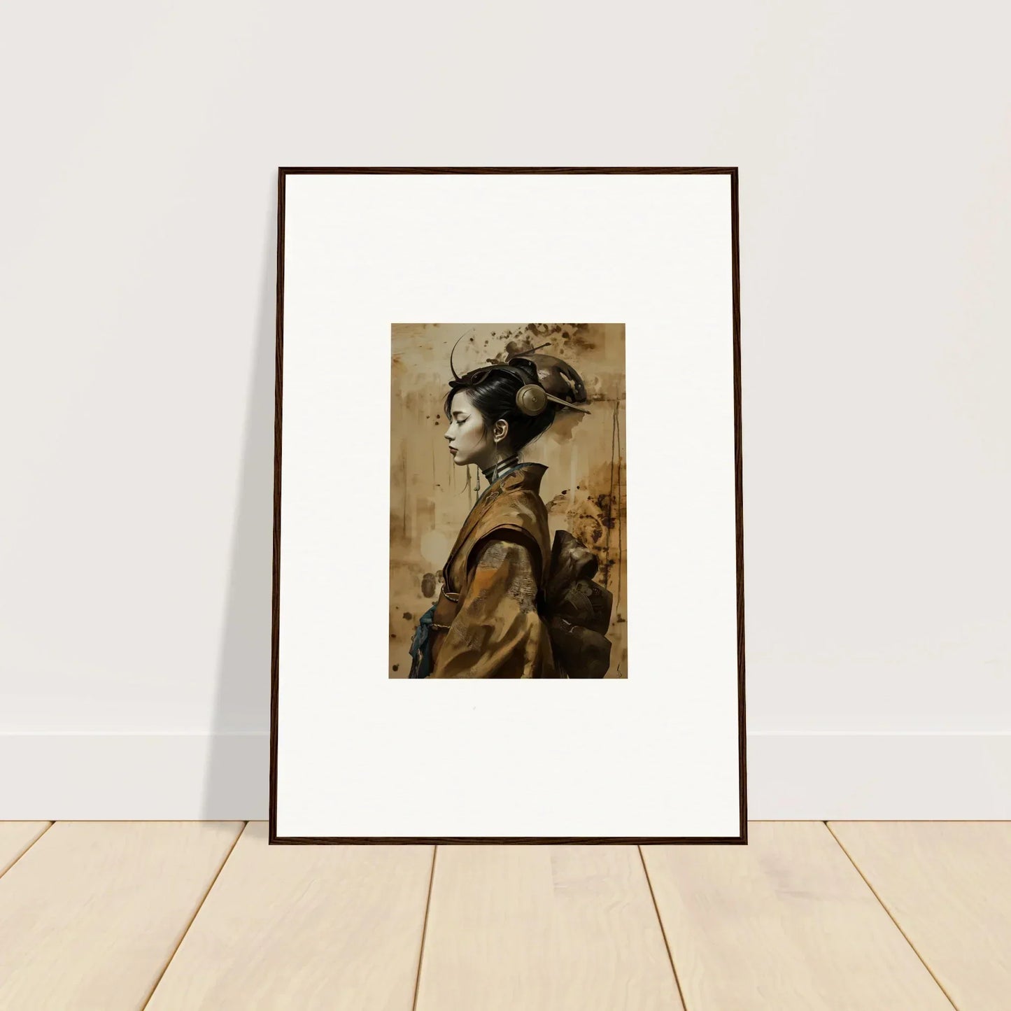 Framed portrait of a woman in traditional Japanese attire for room decoration, geisha shadowed