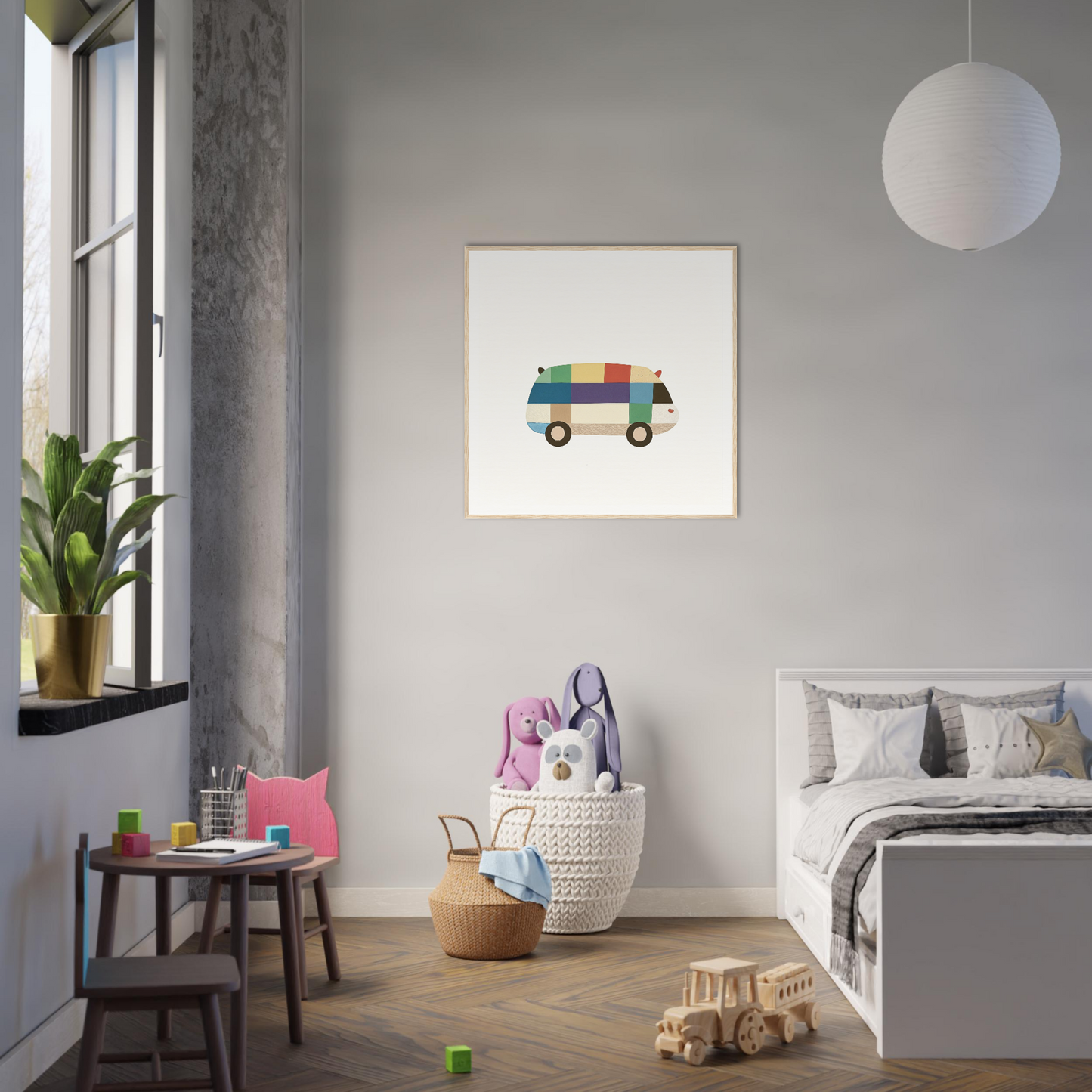 Minimalist bedroom with gray walls featuring Joyful Block Voyage children’s decor