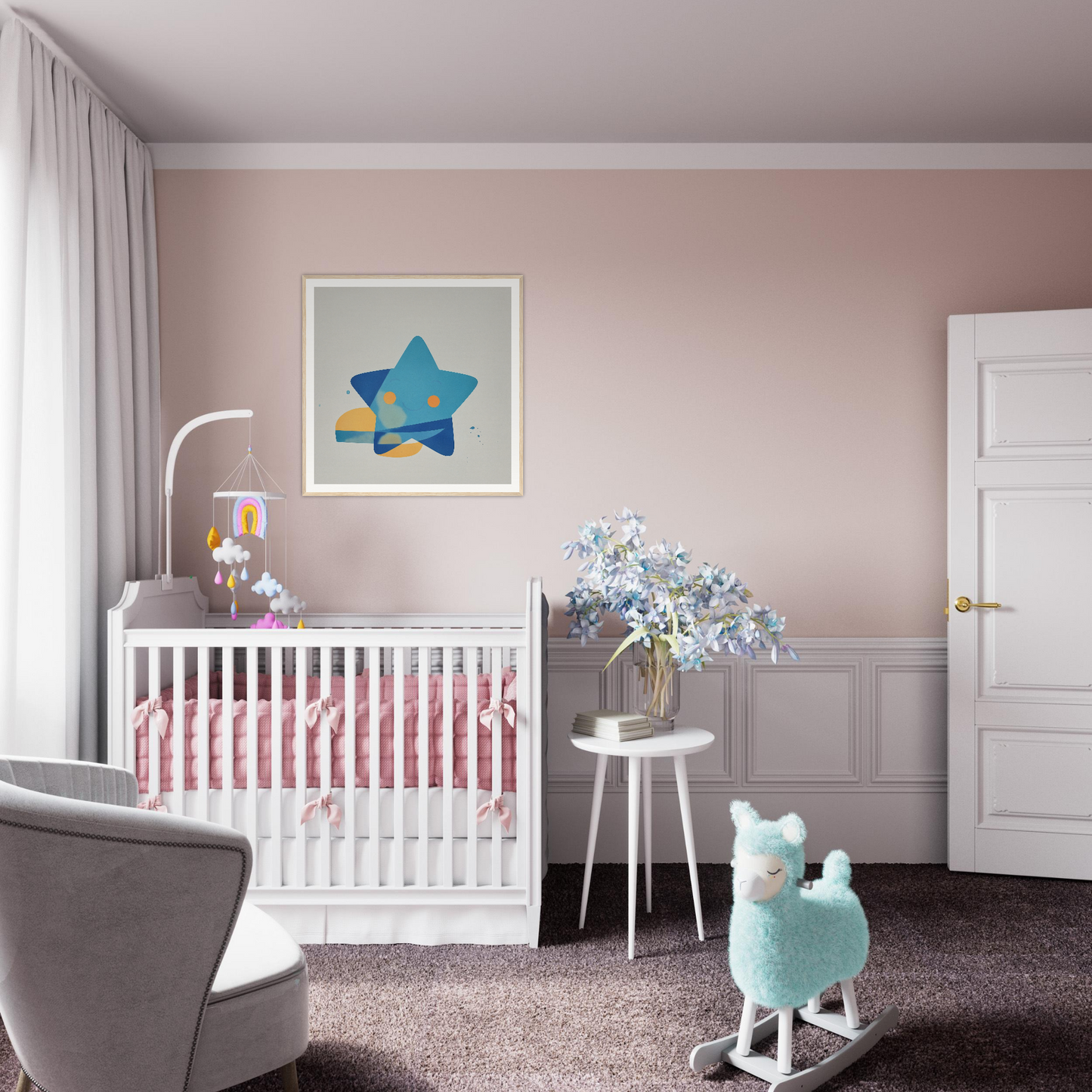 White wooden crib with pink bedding from the Joyful Starburst Whimsy collection