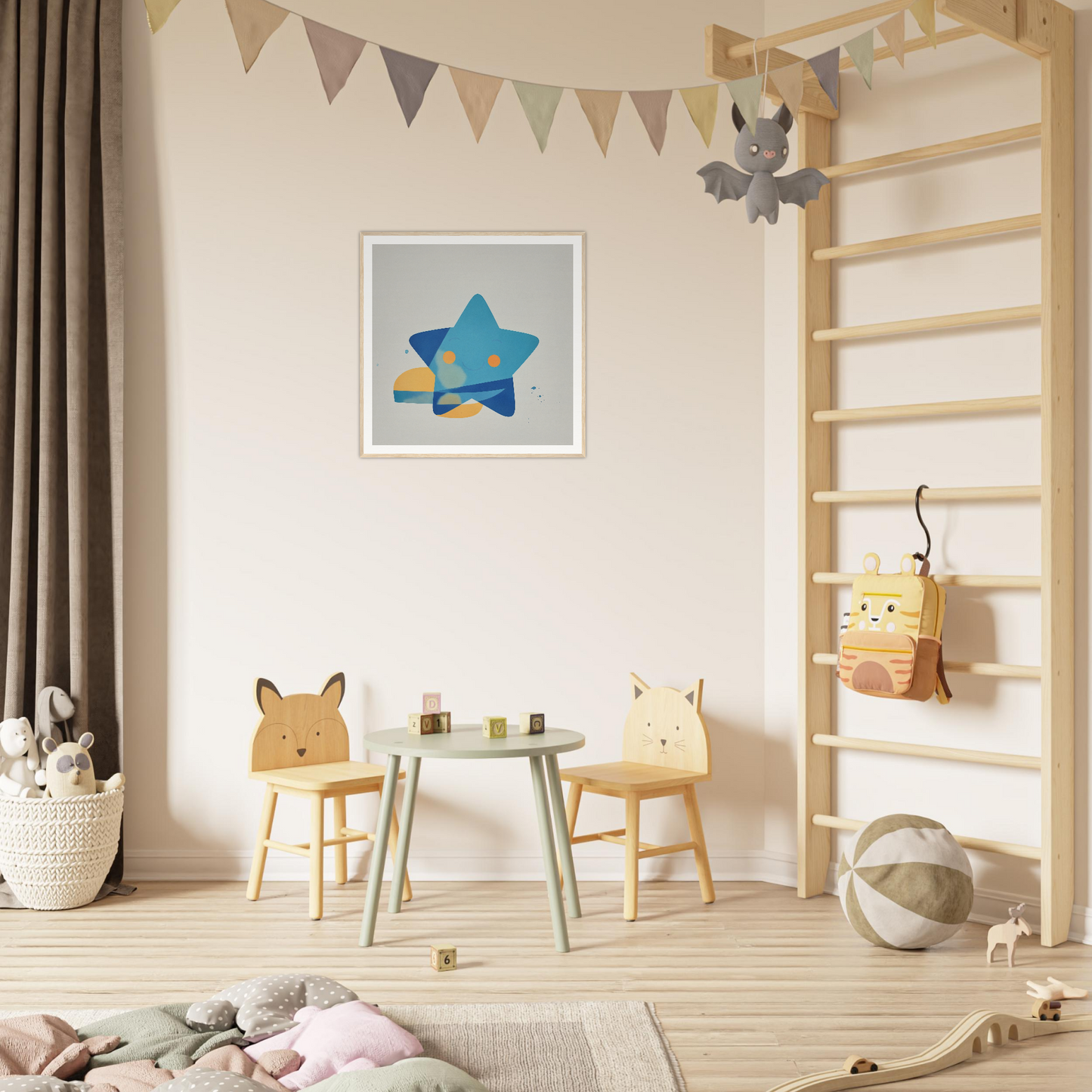 Children’s play area featuring Joyful Starburst Whimsy table and animal-themed chairs