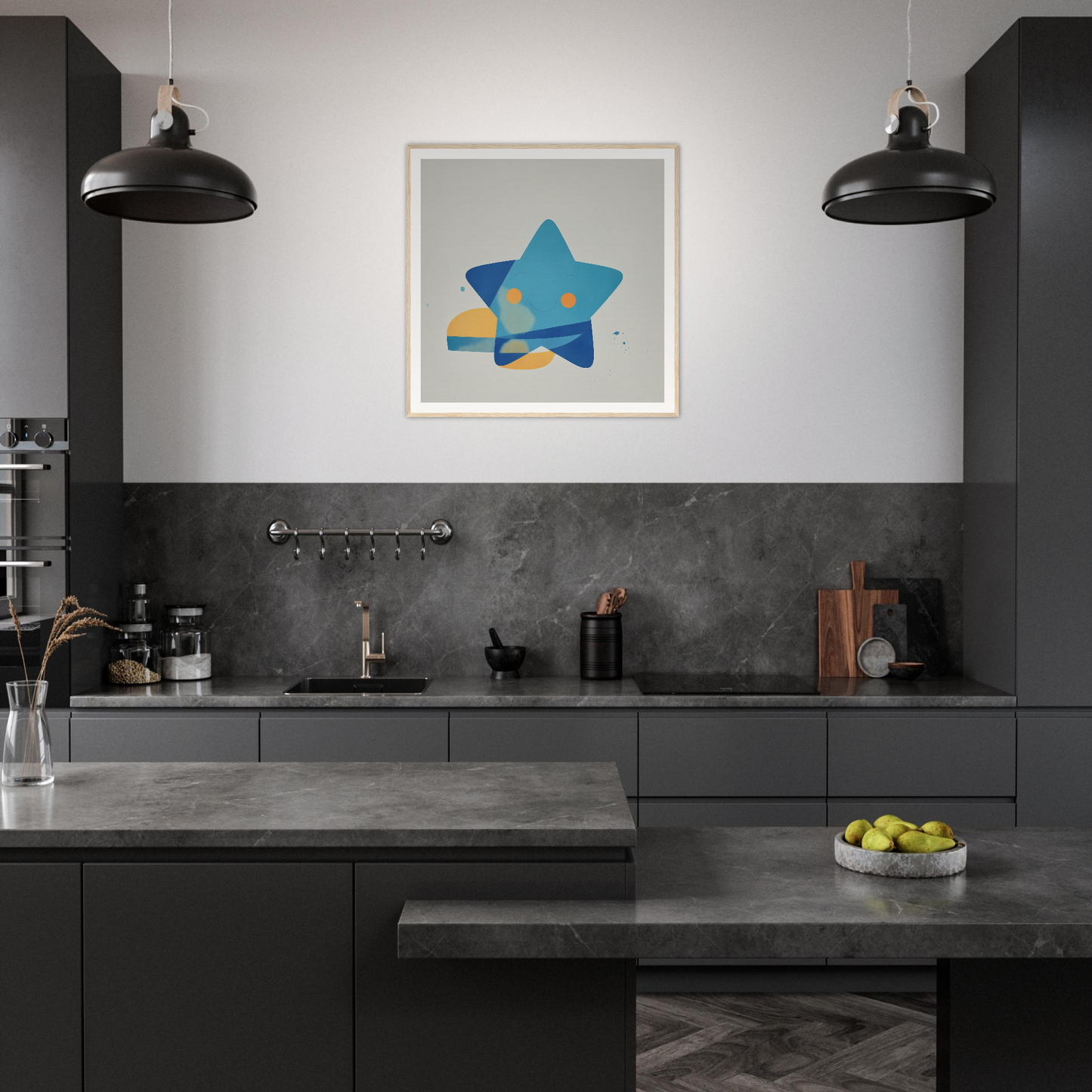 Modern dark kitchen with matte black cabinets and industrial lights, featuring Joyful Starburst Whimsy