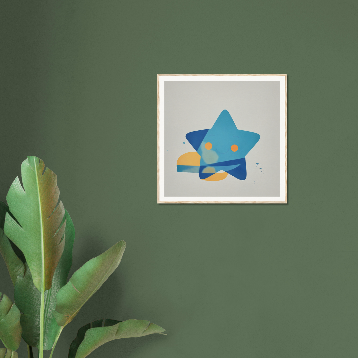 Framed artwork of a blue star with yellow accents in Joyful Starburst Whimsy design