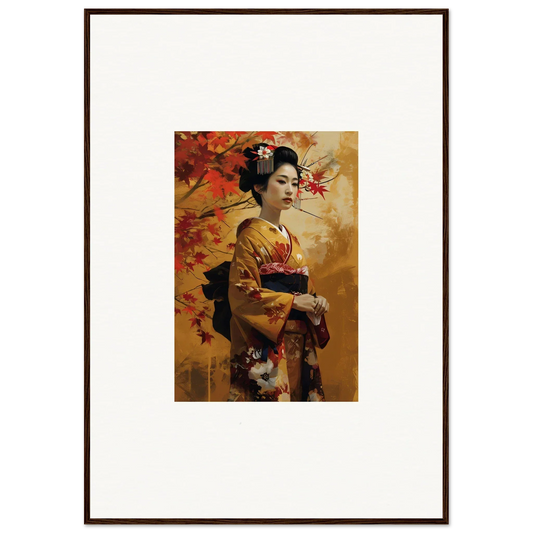 Framed Kabuki Autumn Whispers artwork of a geisha in golden kimono under maple leaves