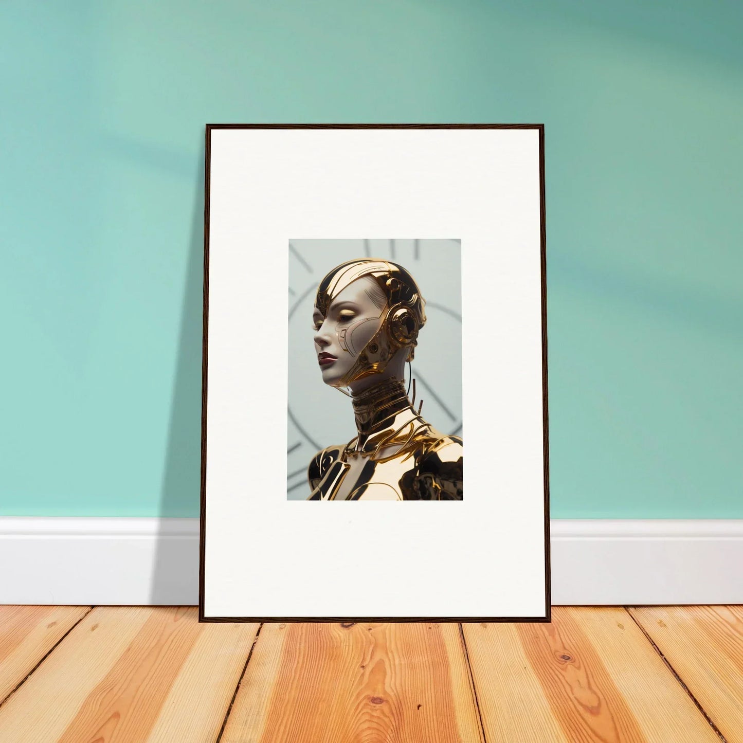 Framed canvas print of a metallic figure for unique room decoration, Maiden Glows