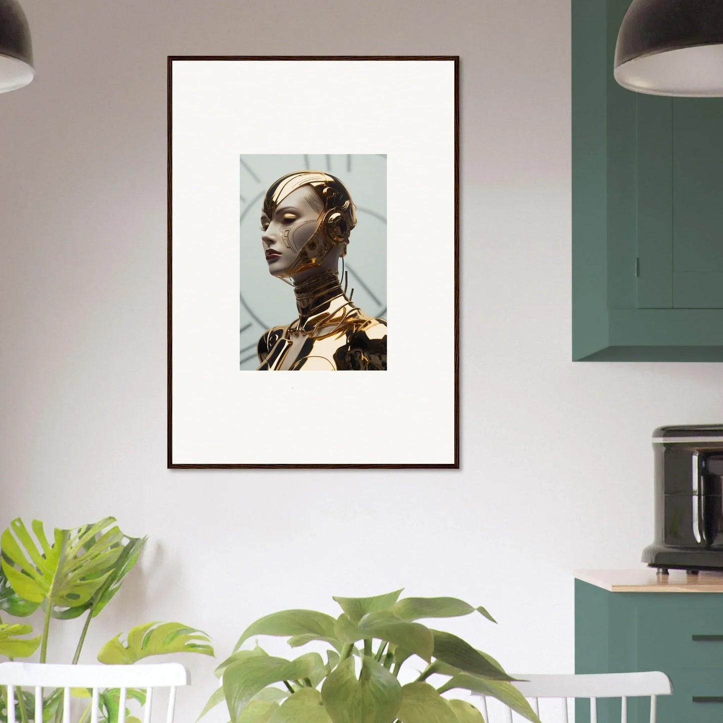 Framed portrait of a metallic gold-toned figure, perfect for room decoration and maiden glows