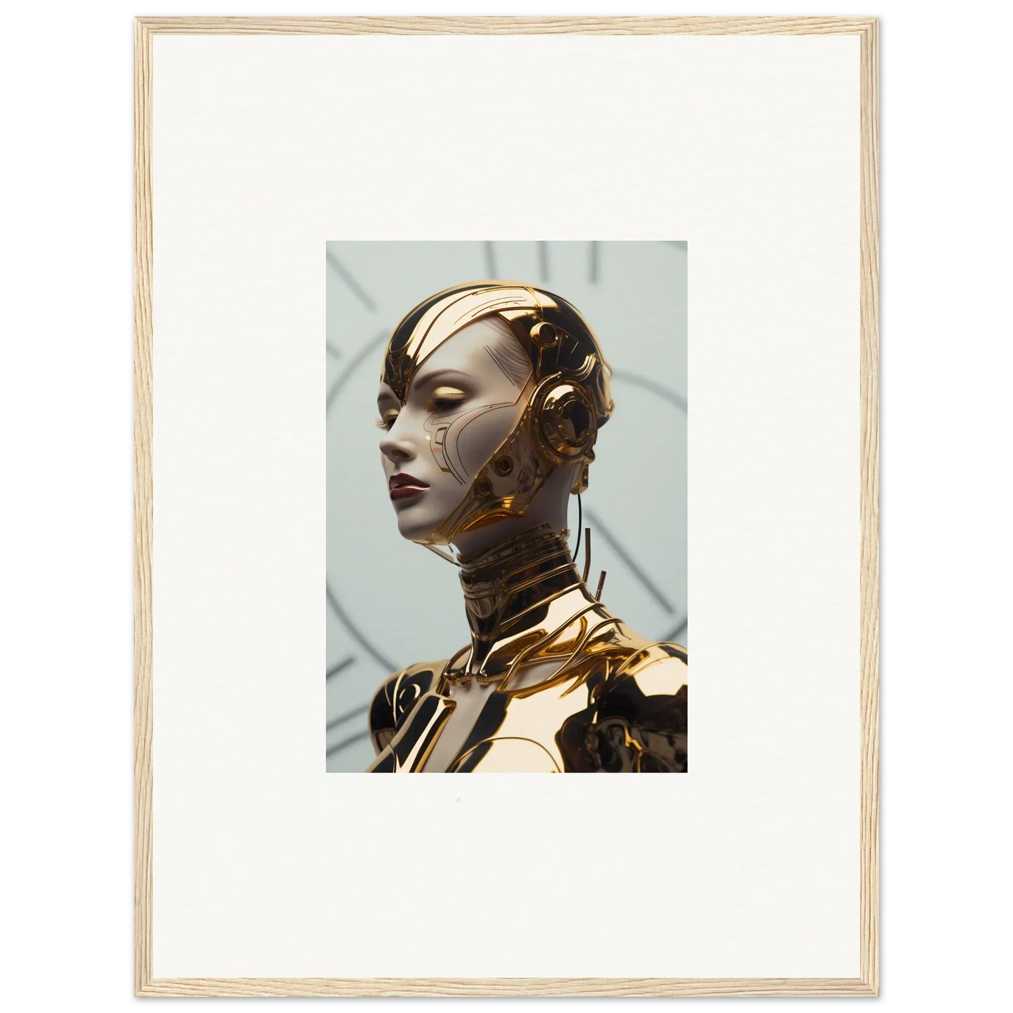 Futuristic golden robotic bust for a stylish room decoration or canvas print featuring Maiden Glows