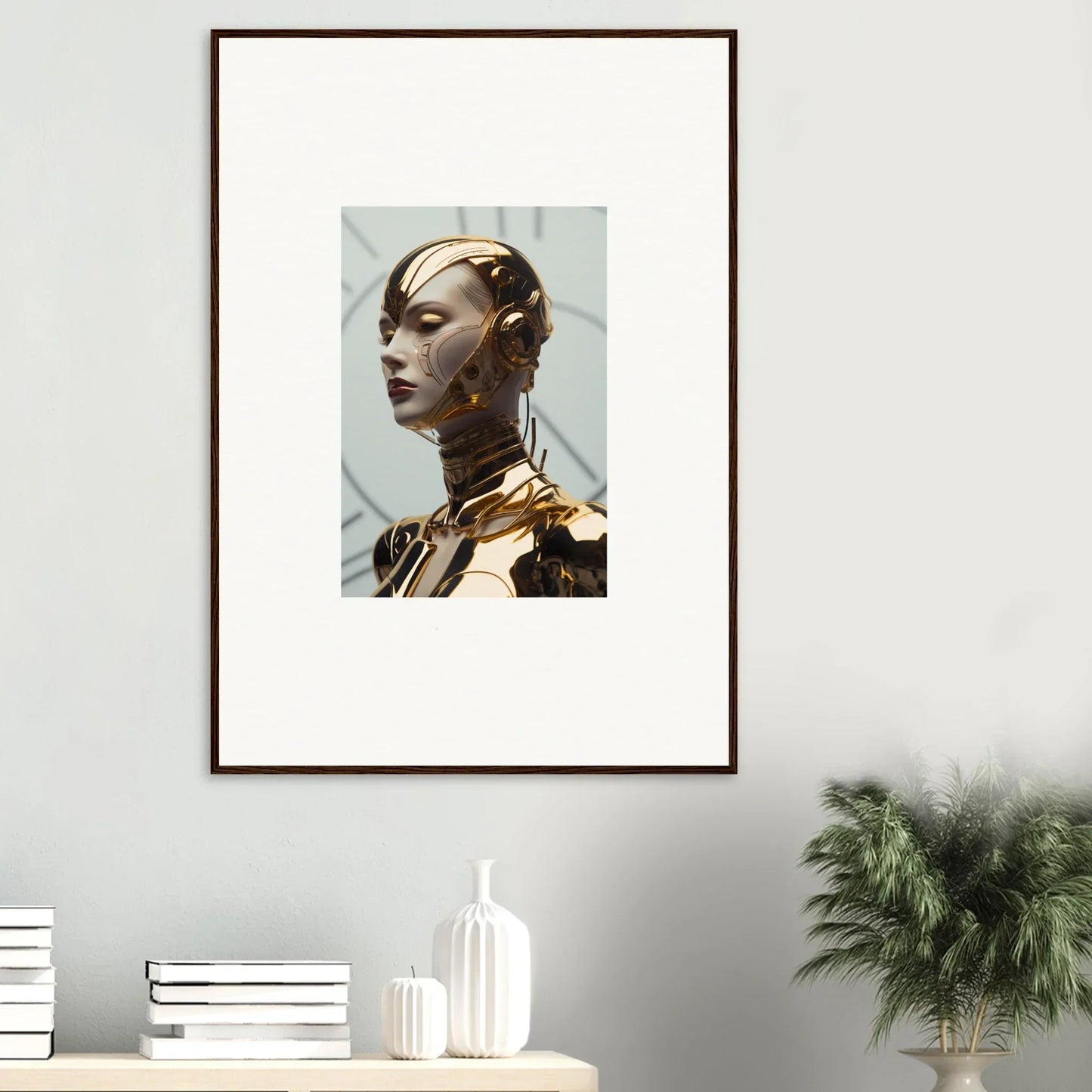 Framed canvas print of a futuristic metallic humanoid figure for room decoration