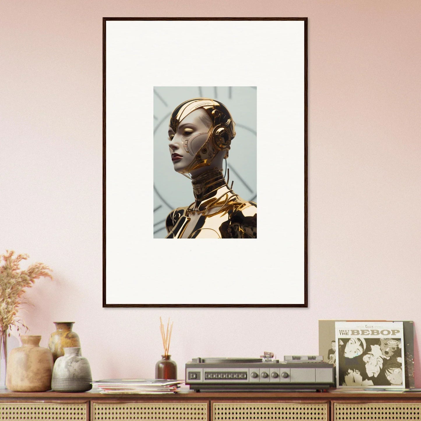 Futuristic metallic humanoid portrait for cool room decoration, perfect canvas print