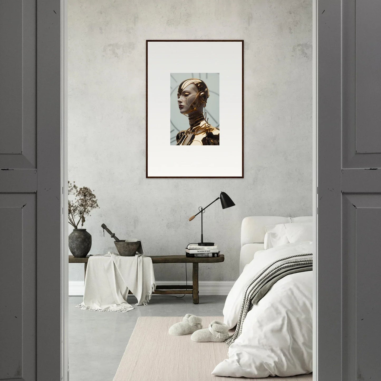 Framed canvas print of a woman with updo hairstyle, perfect for room decoration