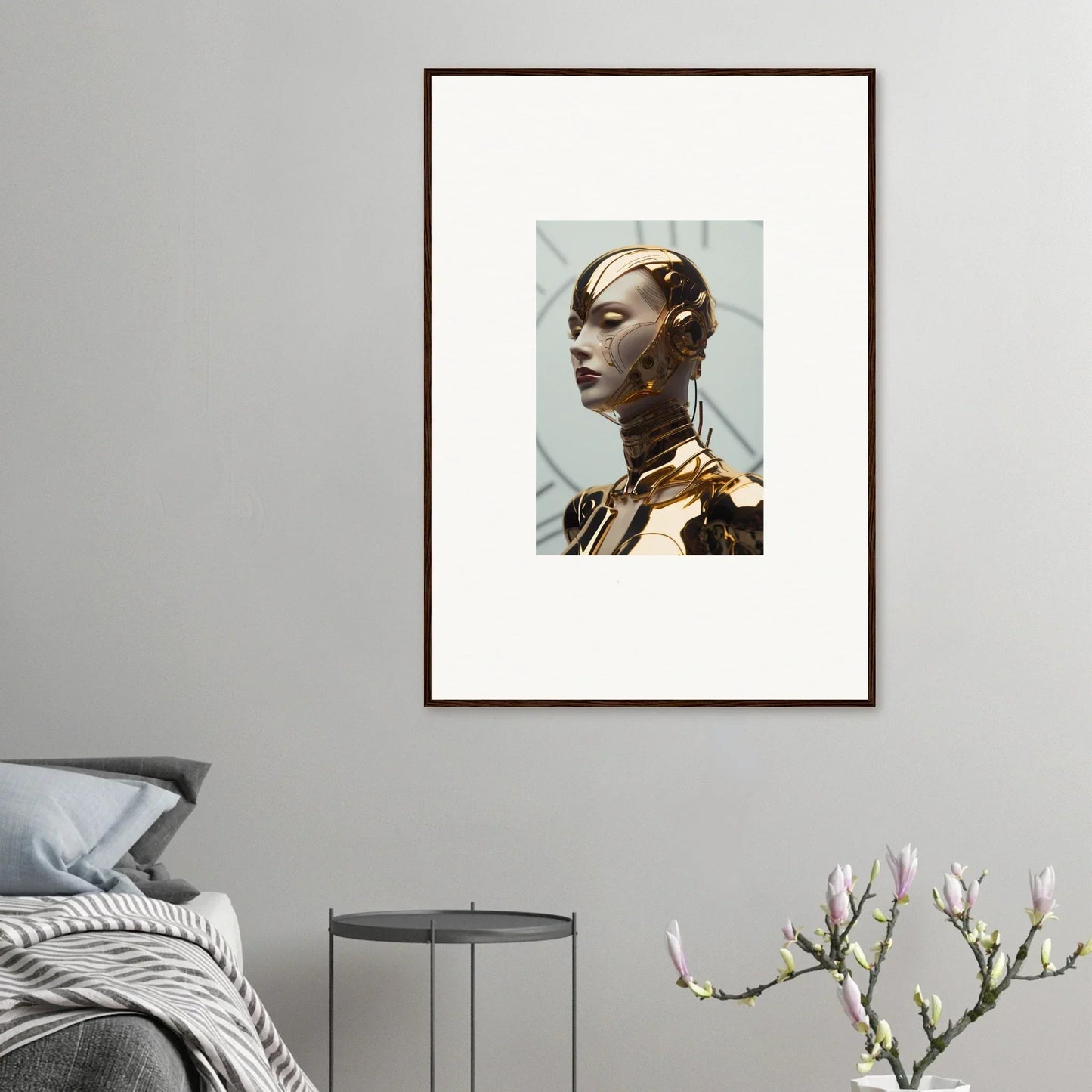 Framed canvas print of a person with golden accents, perfect for room decoration and maiden glows