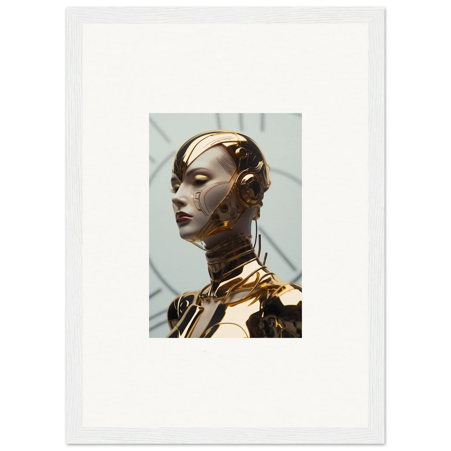 Golden robotic bust in Kaleidoscope Maiden Glows, perfect for room decoration
