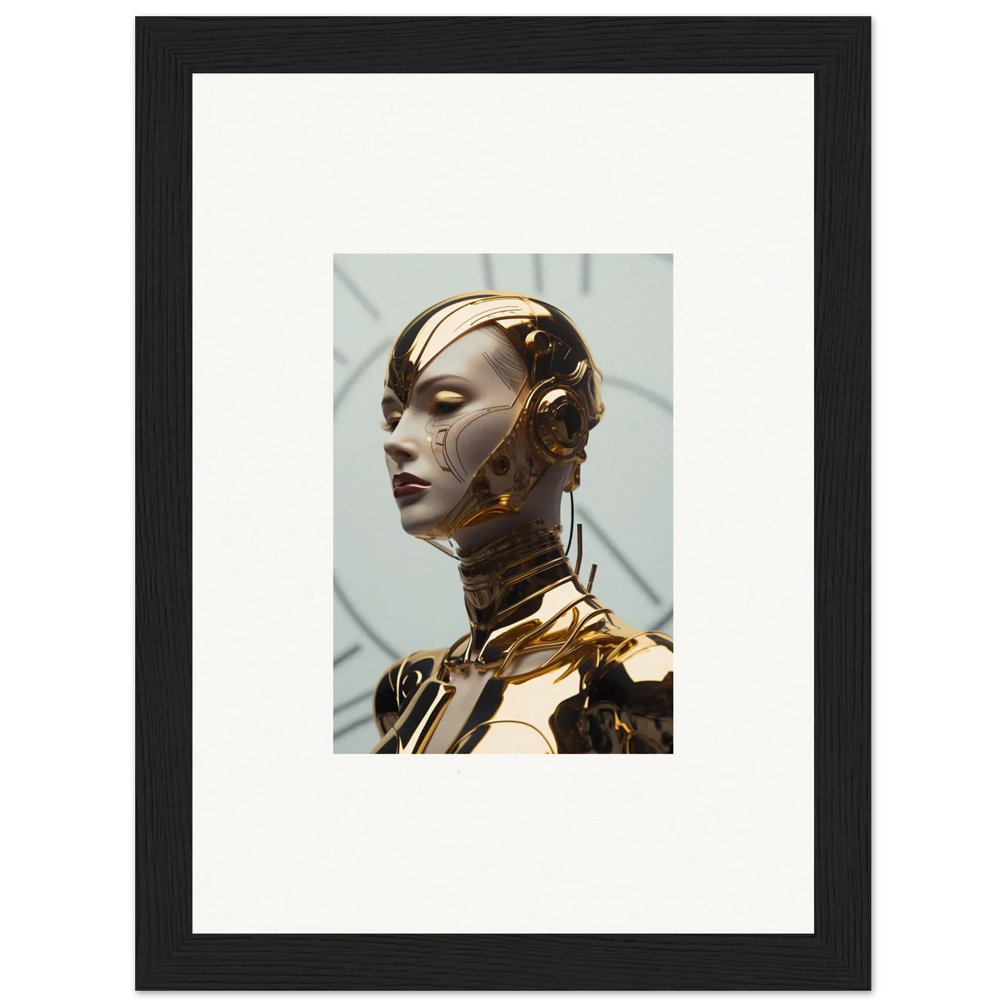 Golden robotic humanoid head and torso, perfect for Kaleidoscope Maiden Glows canvas print room decoration
