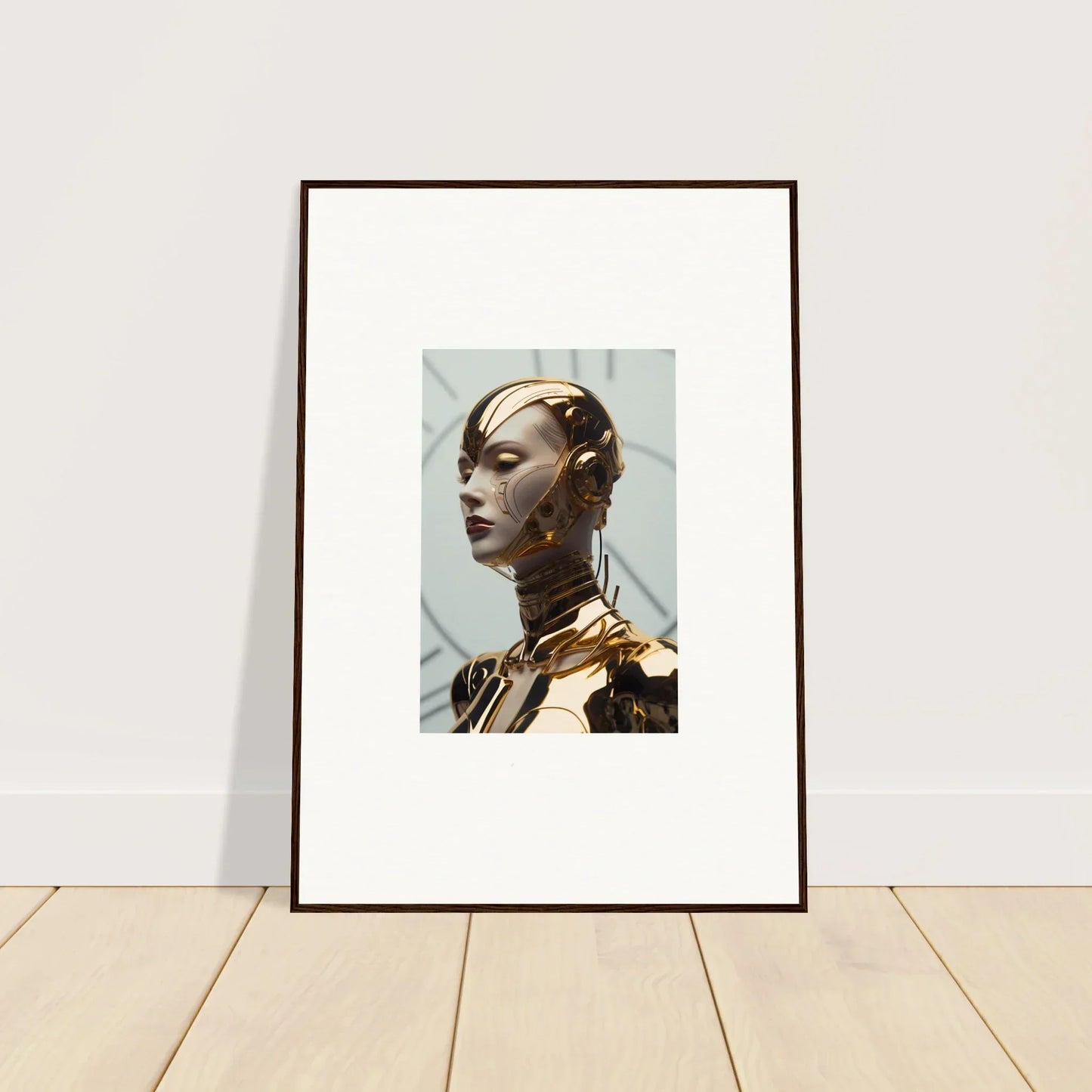Framed canvas print of a Kaleidoscope Maiden Glows with gold accents for room decoration