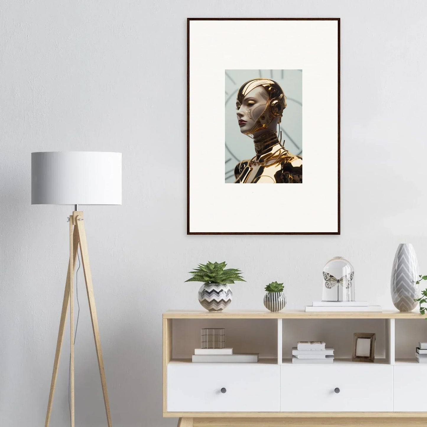 Framed canvas print of a person with gold jewelry and dramatic makeup for room decoration