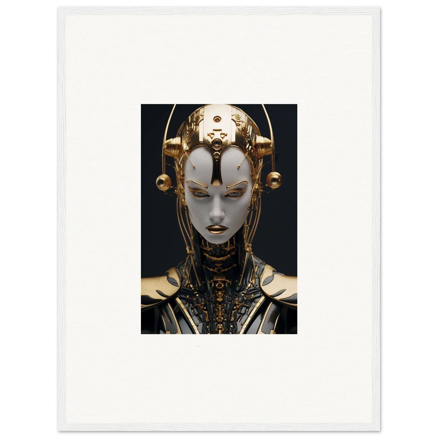 Futuristic robotic face art with golden headpiece for stylish room decoration canvas print