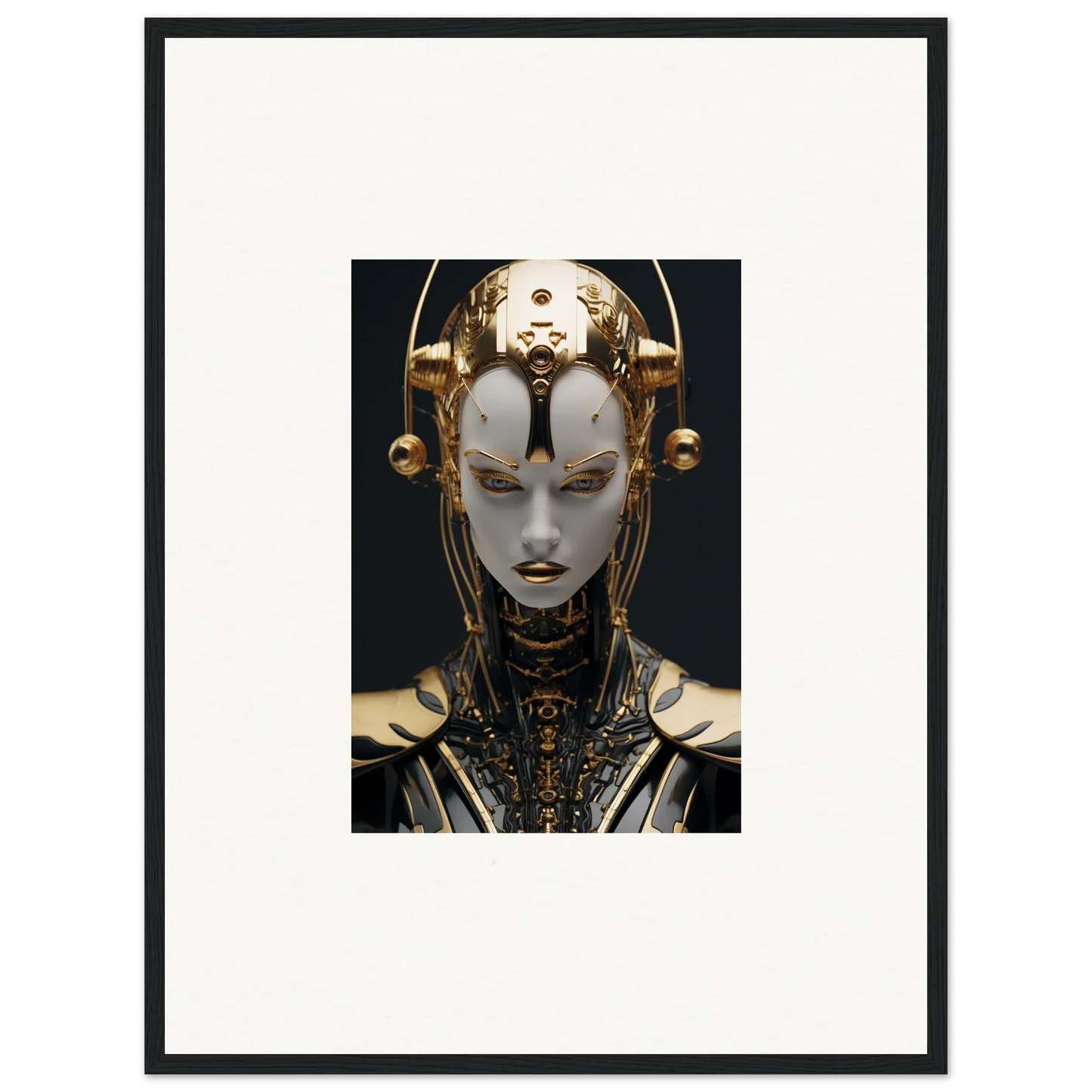 Futuristic robotic face artwork in gold and white for cool room decoration canvas print