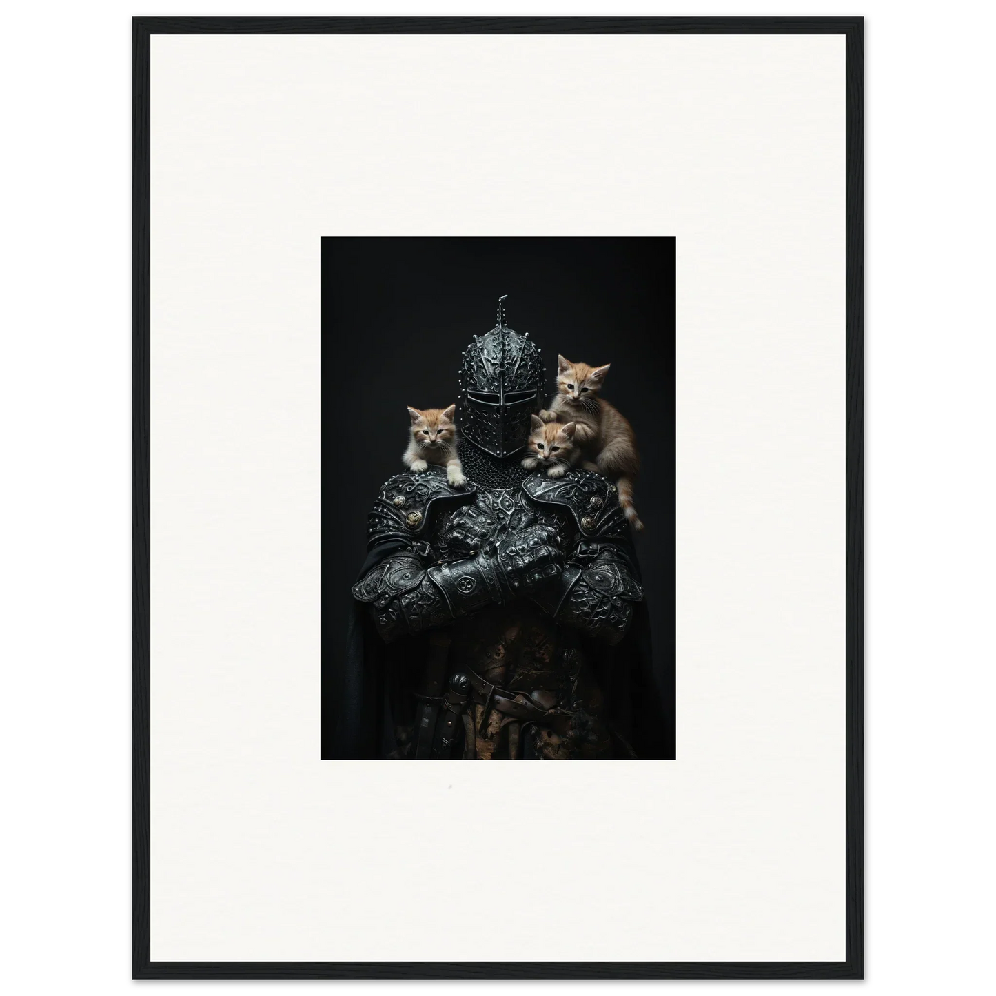 Framed wall art of kittens with silver objects in a dark setting for room decor