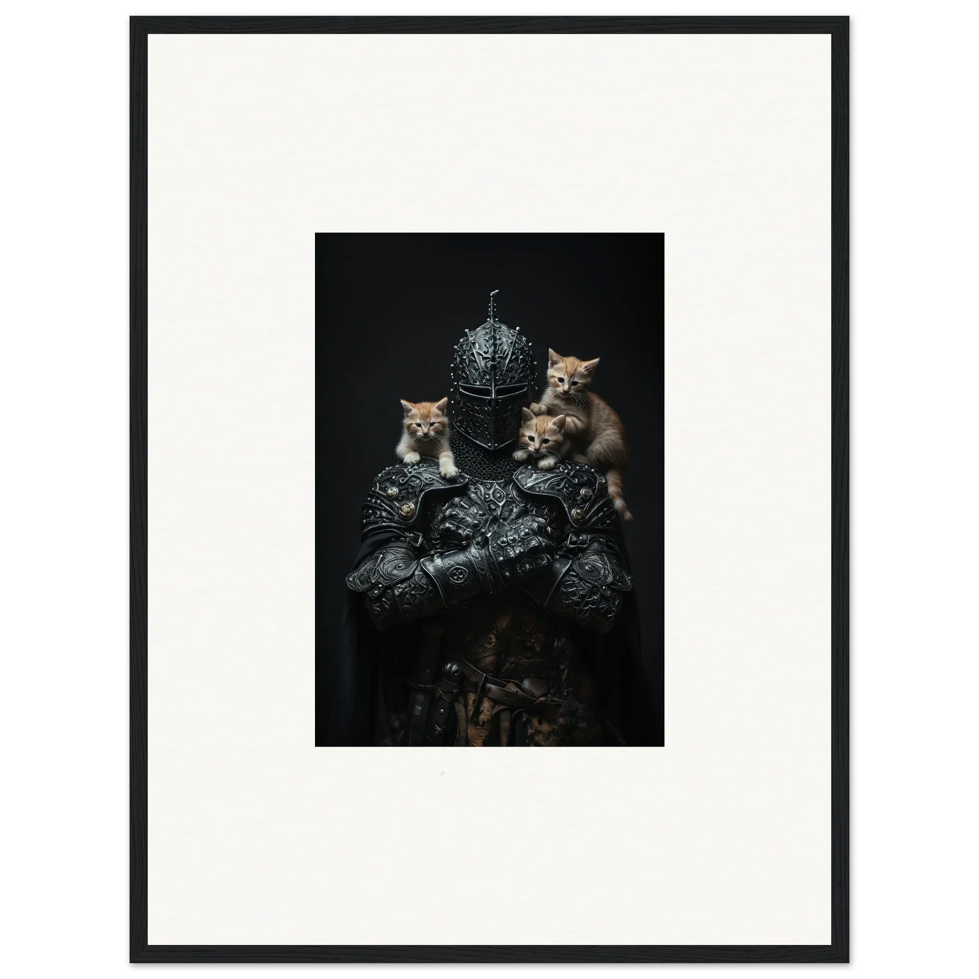 Framed wall art of kittens with silver objects in a dark setting for room decor