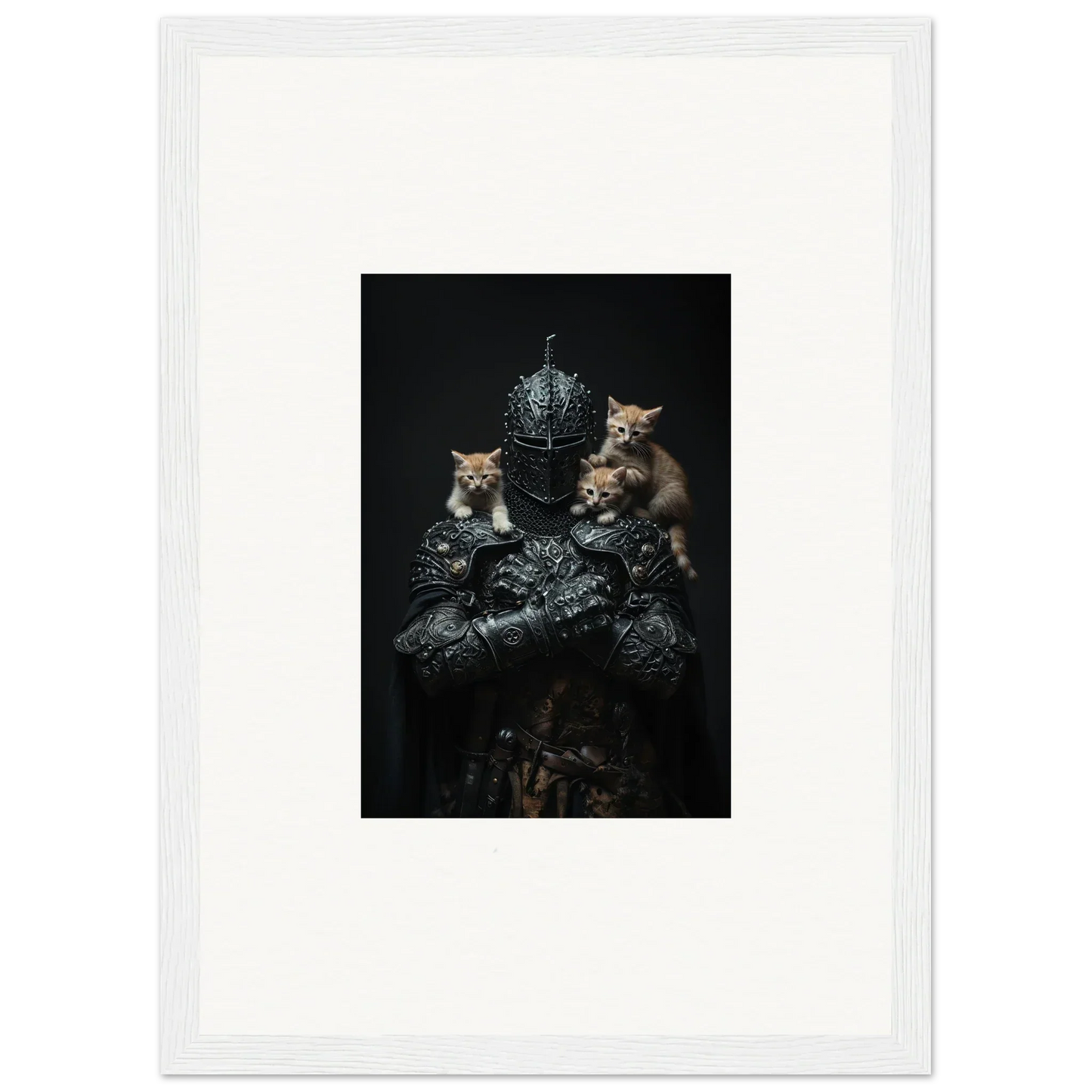 Framed wall art of three kittens with metallic objects for stylish room decor