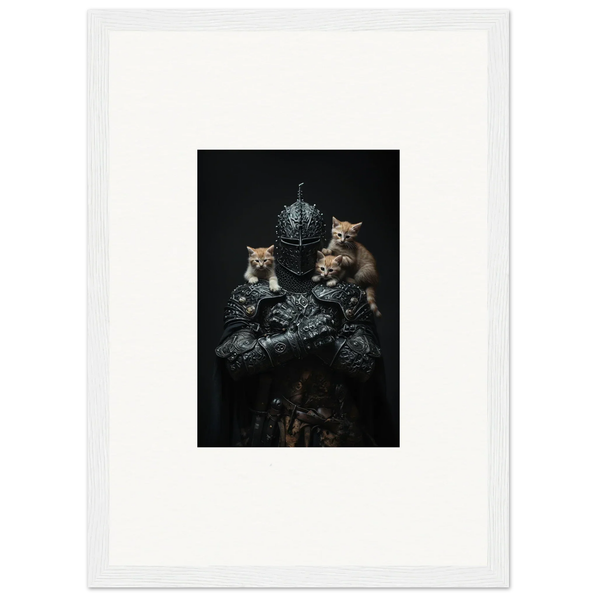Framed wall art of three kittens with metallic objects for stylish room decor