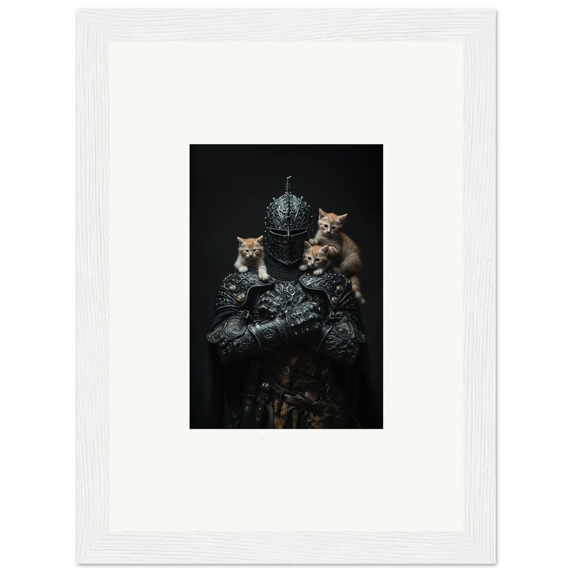 Framed wall art of three kittens with metallic objects, perfect for Siege Enigma room decor
