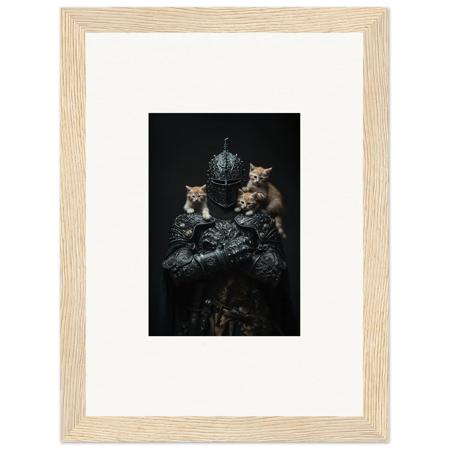 Framed wall art of three kittens with metallic objects for stylish room decor
