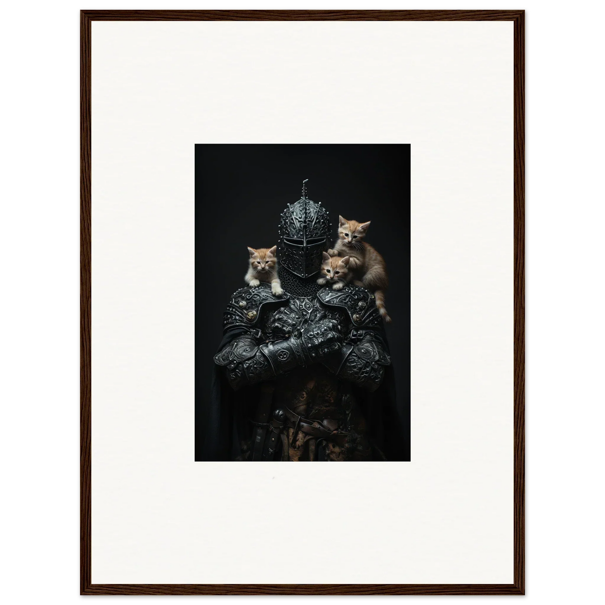 Framed wall art of three kittens on metallic objects for room decor, Kitten Siege Enigma
