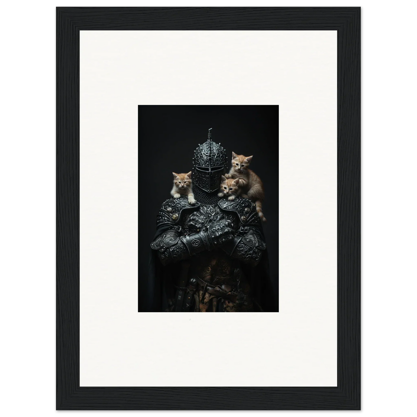 Framed wall art of three kittens on a textured surface with a disco ball, Siege Enigma
