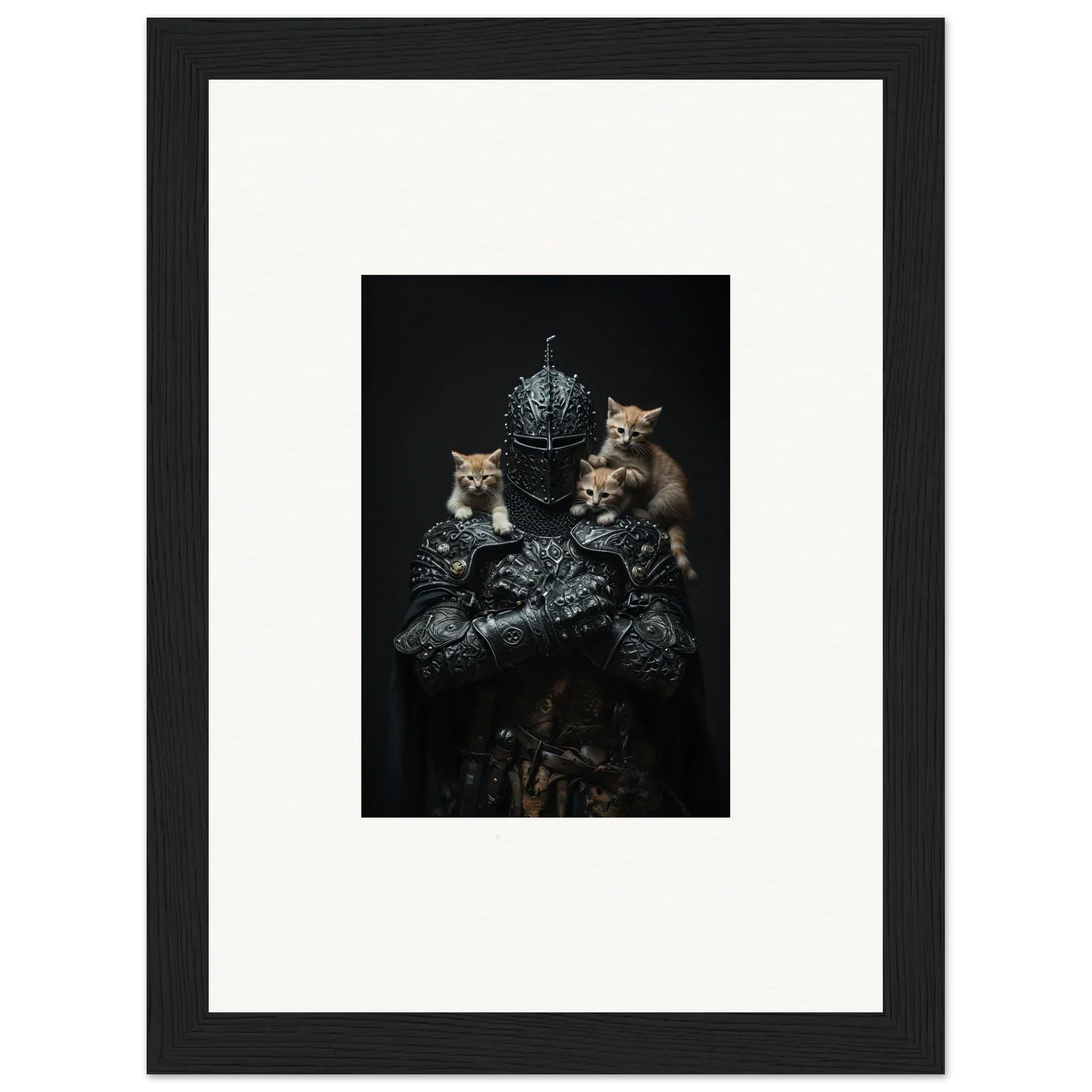Framed wall art of three kittens on a textured surface with a disco ball, Siege Enigma