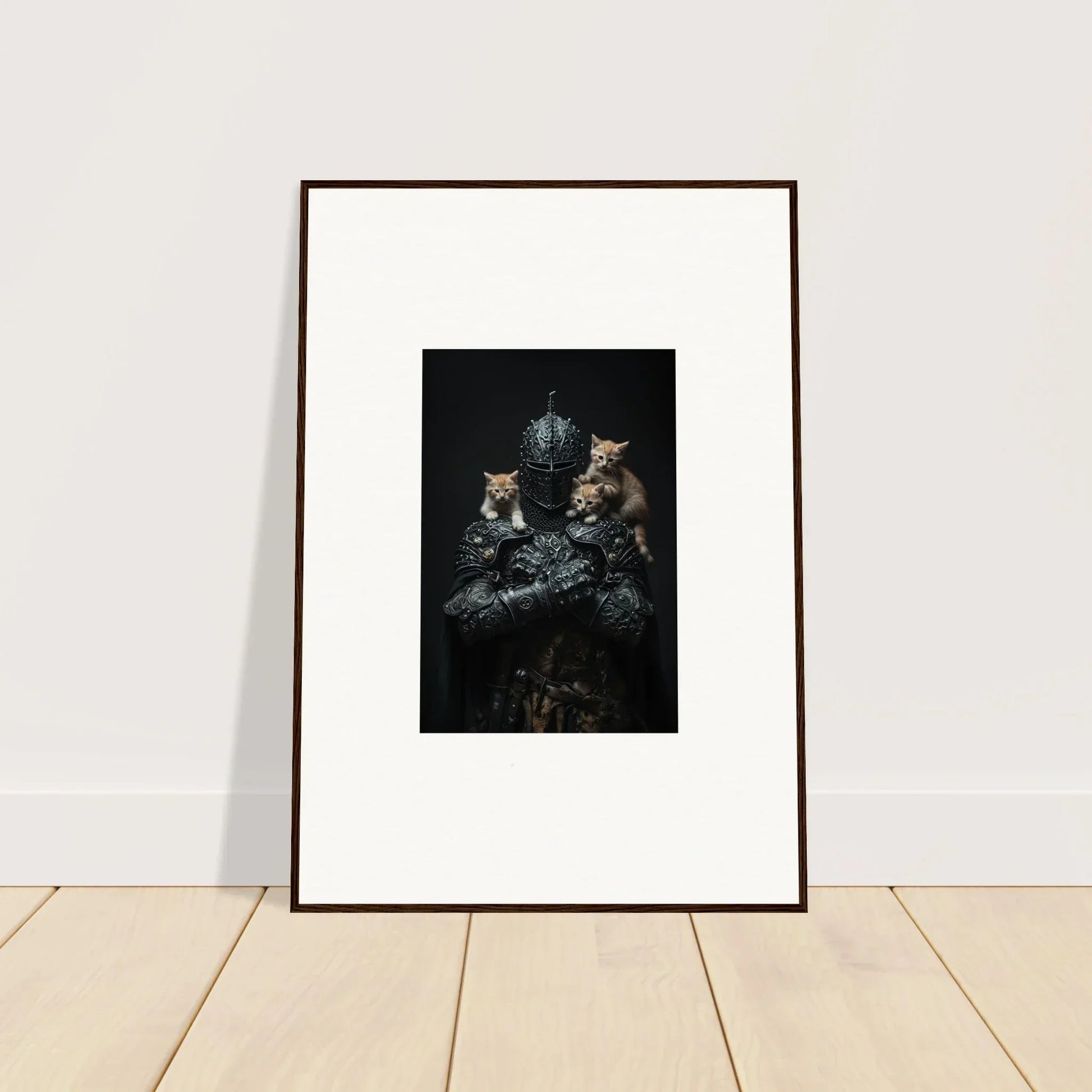 Framed wall art featuring cats and an armored figure for unique room decor, Siege Enigma