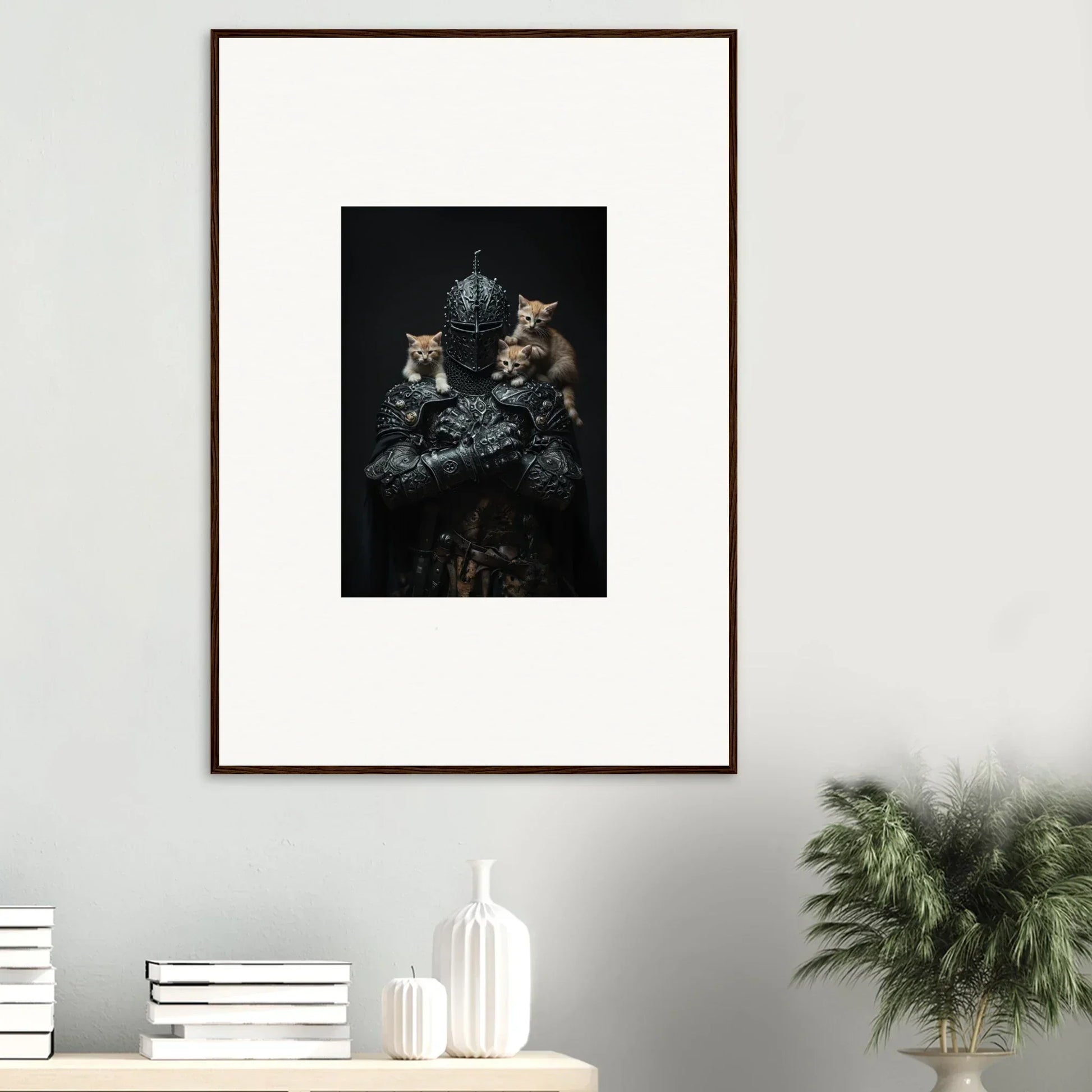 Framed wall art featuring dark-toned cats and a person, perfect for room decor