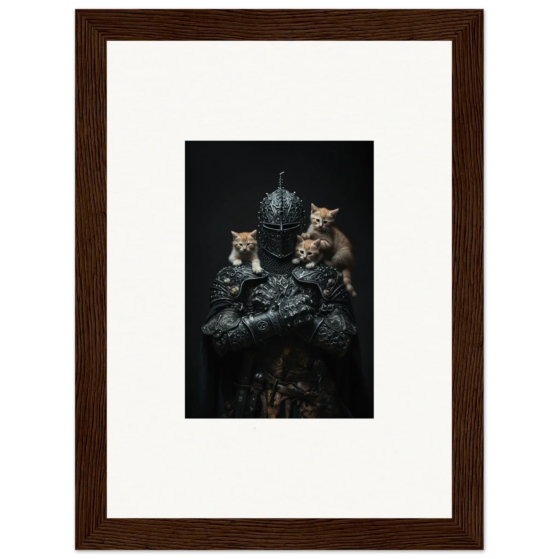 Framed wall art of three kittens with ornate silver objects in dark room decor