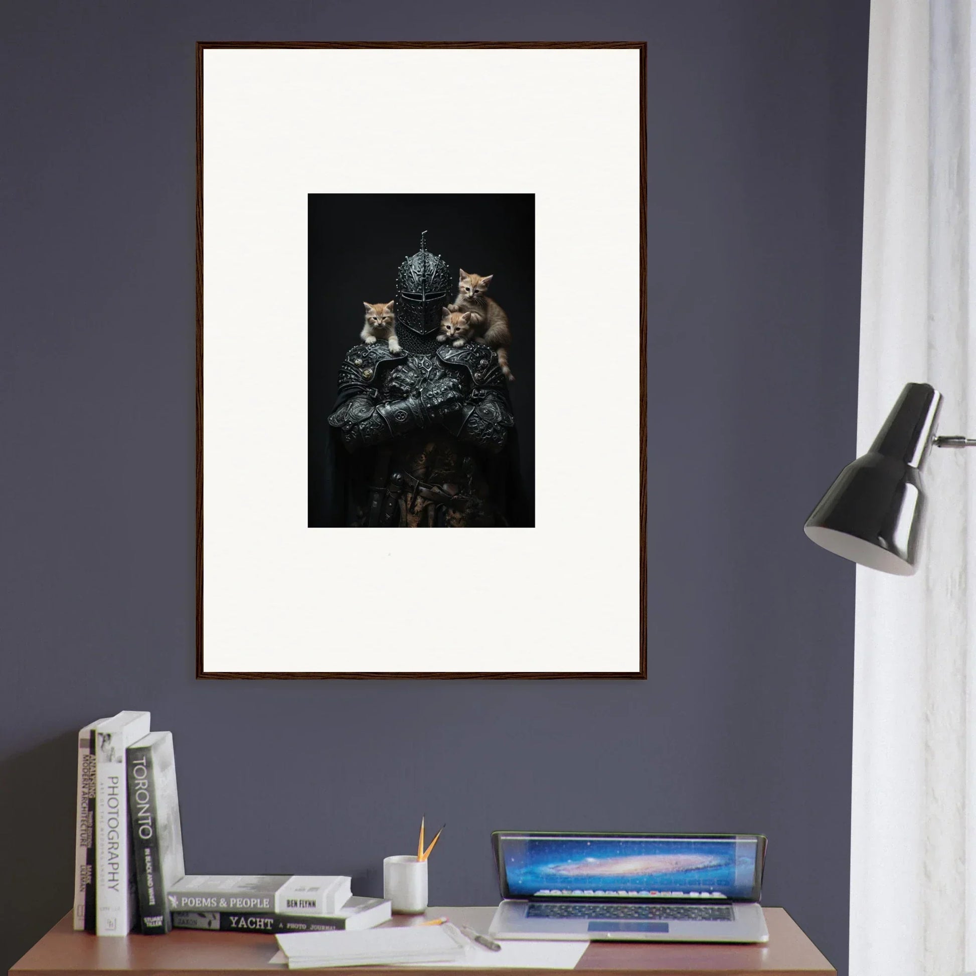 Framed wall art of a moody cat portrait, ideal for your siege enigma room decor