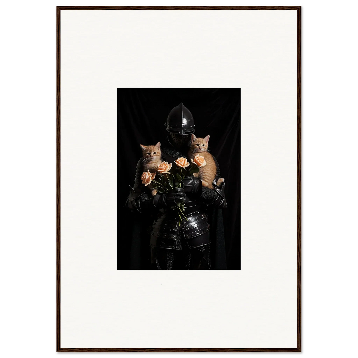 Framed wall art of dark knight holding two cats with roses, perfect for floral epiphany room decor