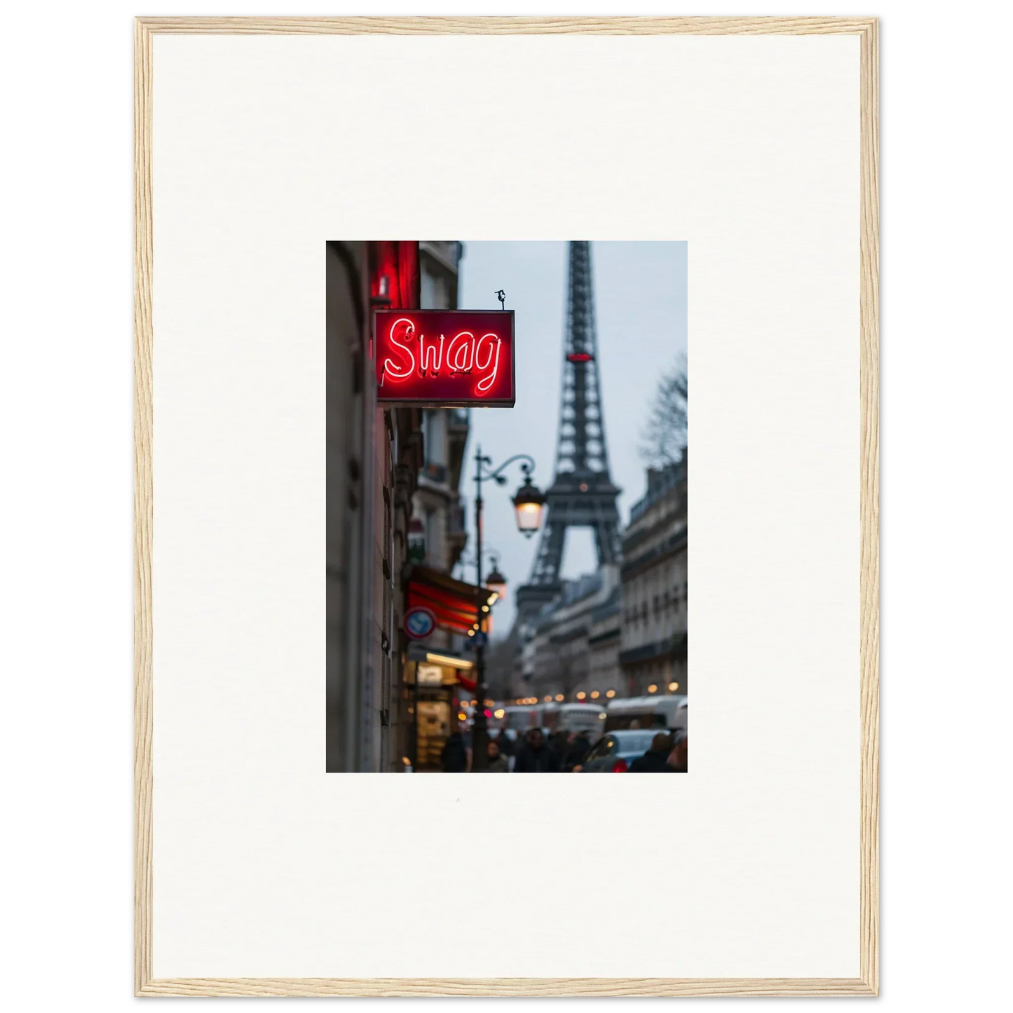 Framed wall art of a Paris street scene with Eiffel Tower and neon Swag sign for room decor