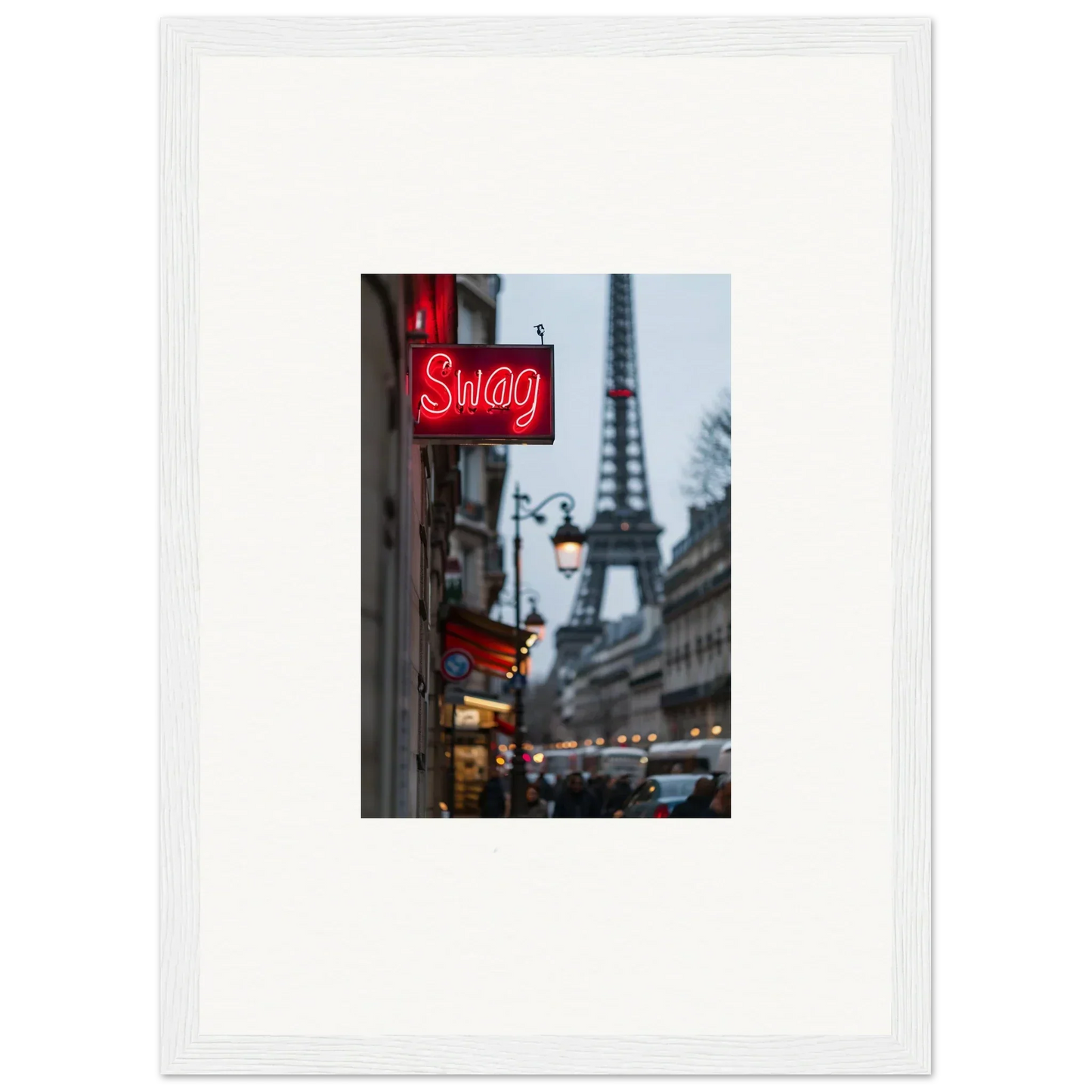 Framed wall art of Parisian street scene with neon Swag sign and Eiffel Tower backdrop