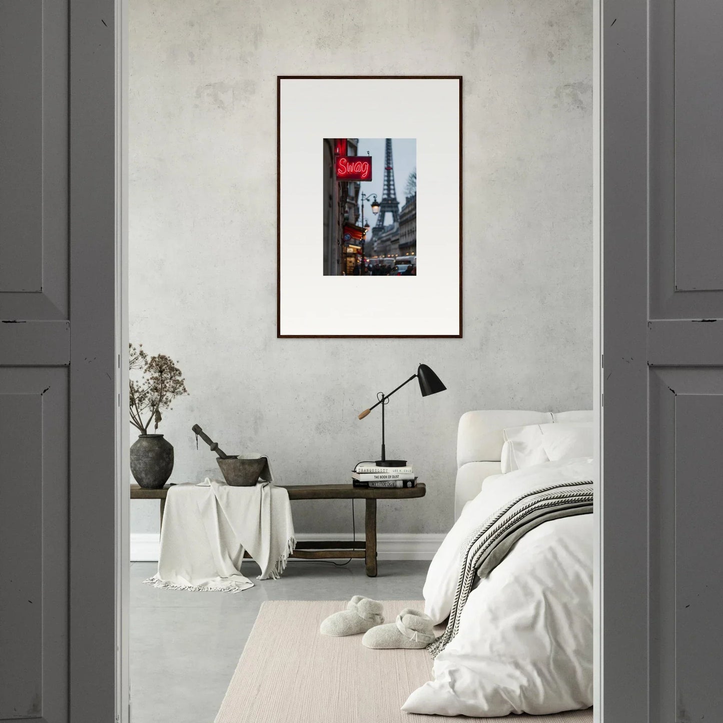Framed wall art of the Eiffel Tower with a red neon sign, perfect room decor for tour sentiments