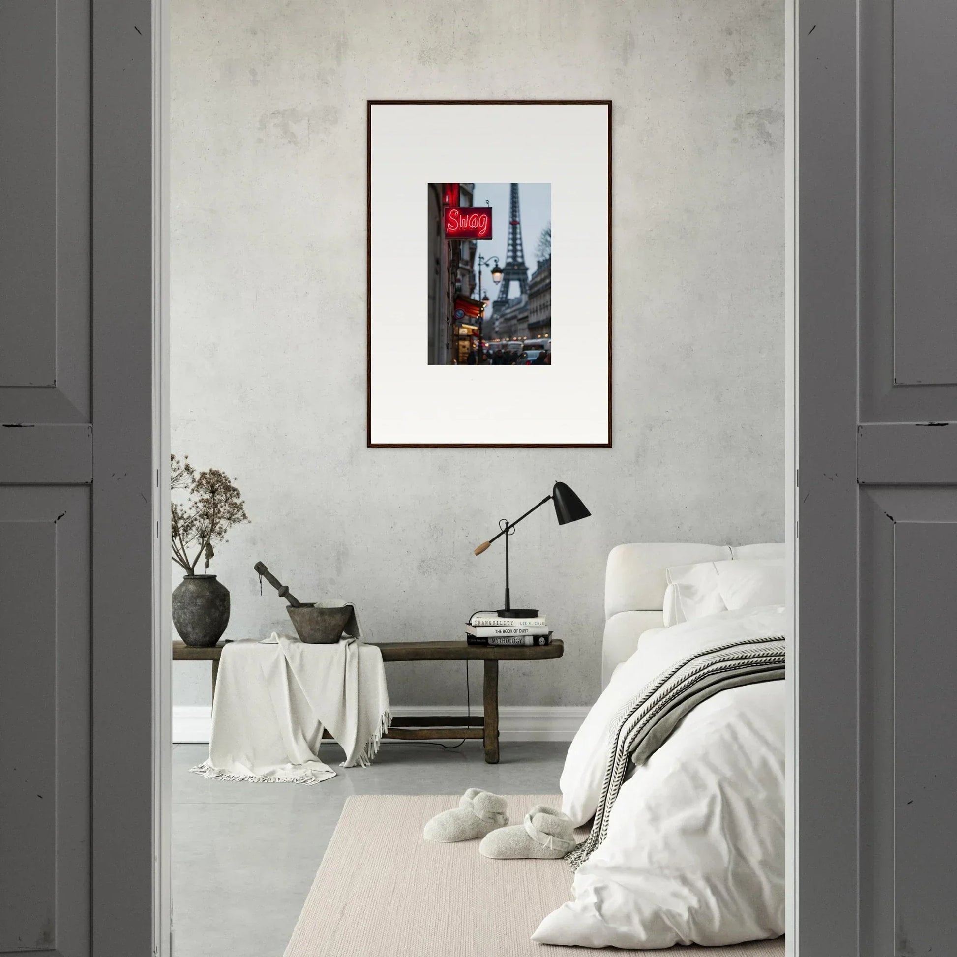 Framed wall art of the Eiffel Tower with a red neon sign, perfect room decor for tour sentiments