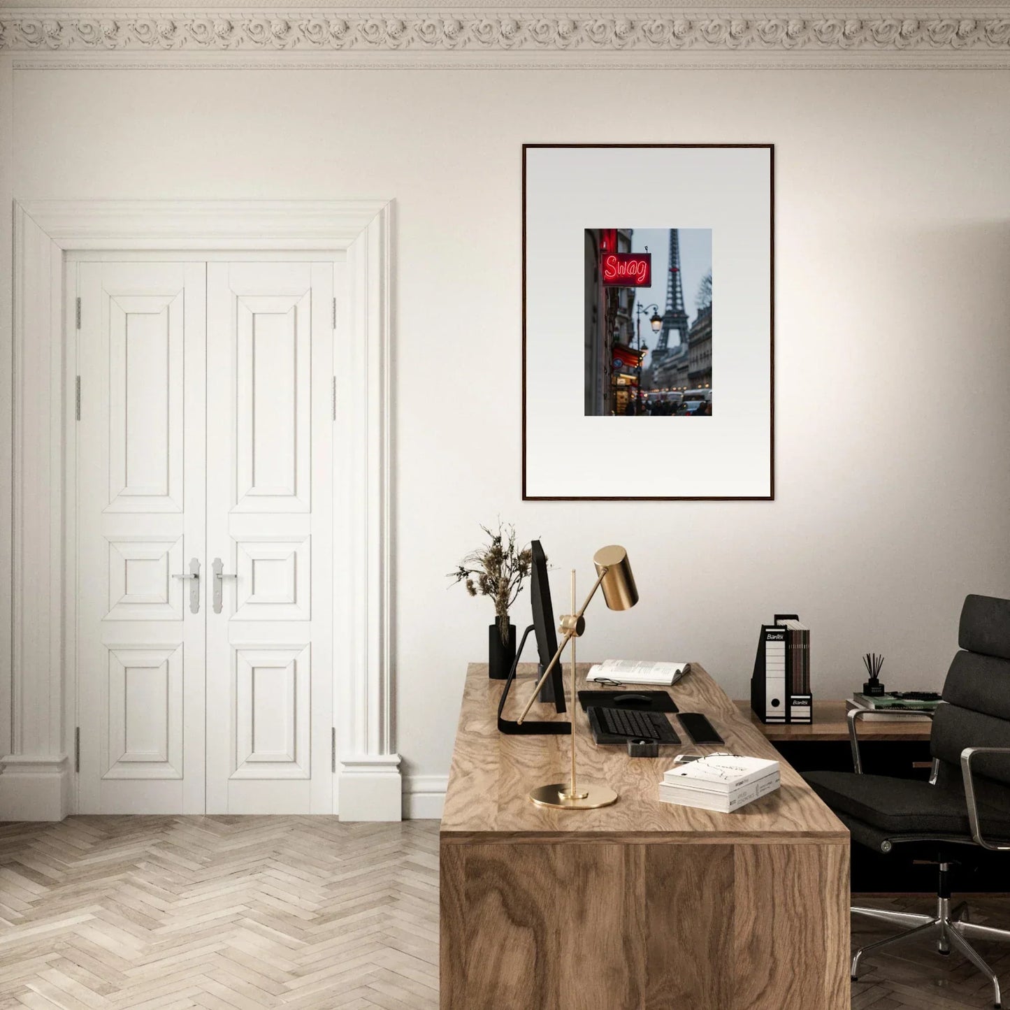 Wooden desk with typewriter and books in a modern workspace for Tour Sentiments room decor