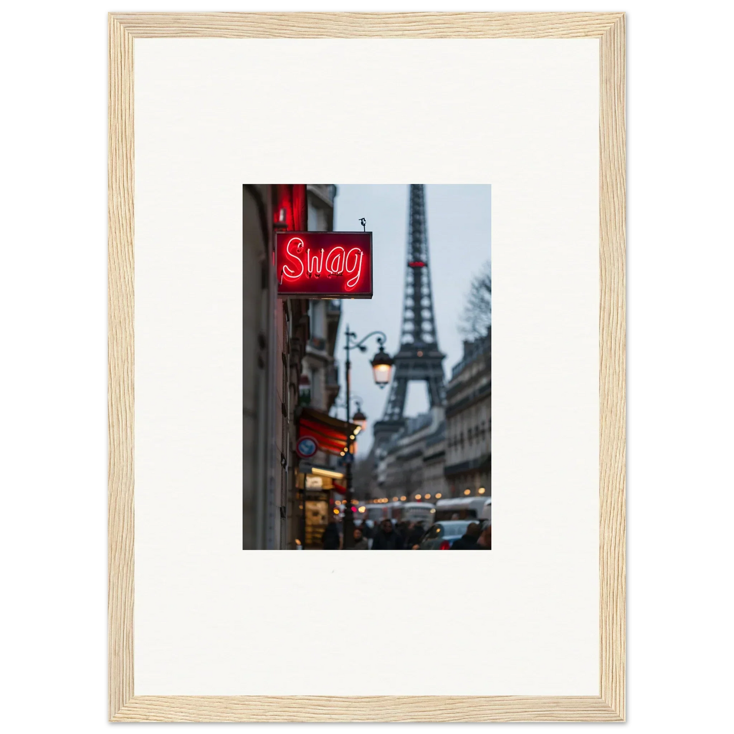 Framed wall art of a Parisian street scene with neon Swag sign and Eiffel Tower, tour sentiments
