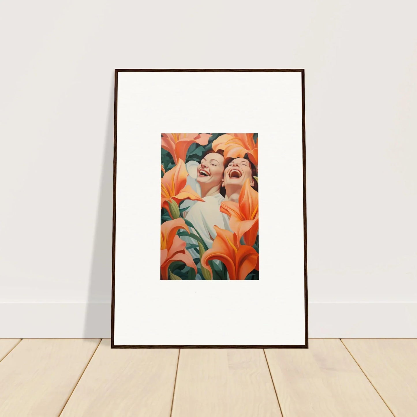 Framed wall art of two laughing figures with orange lilies, perfect for room decoration