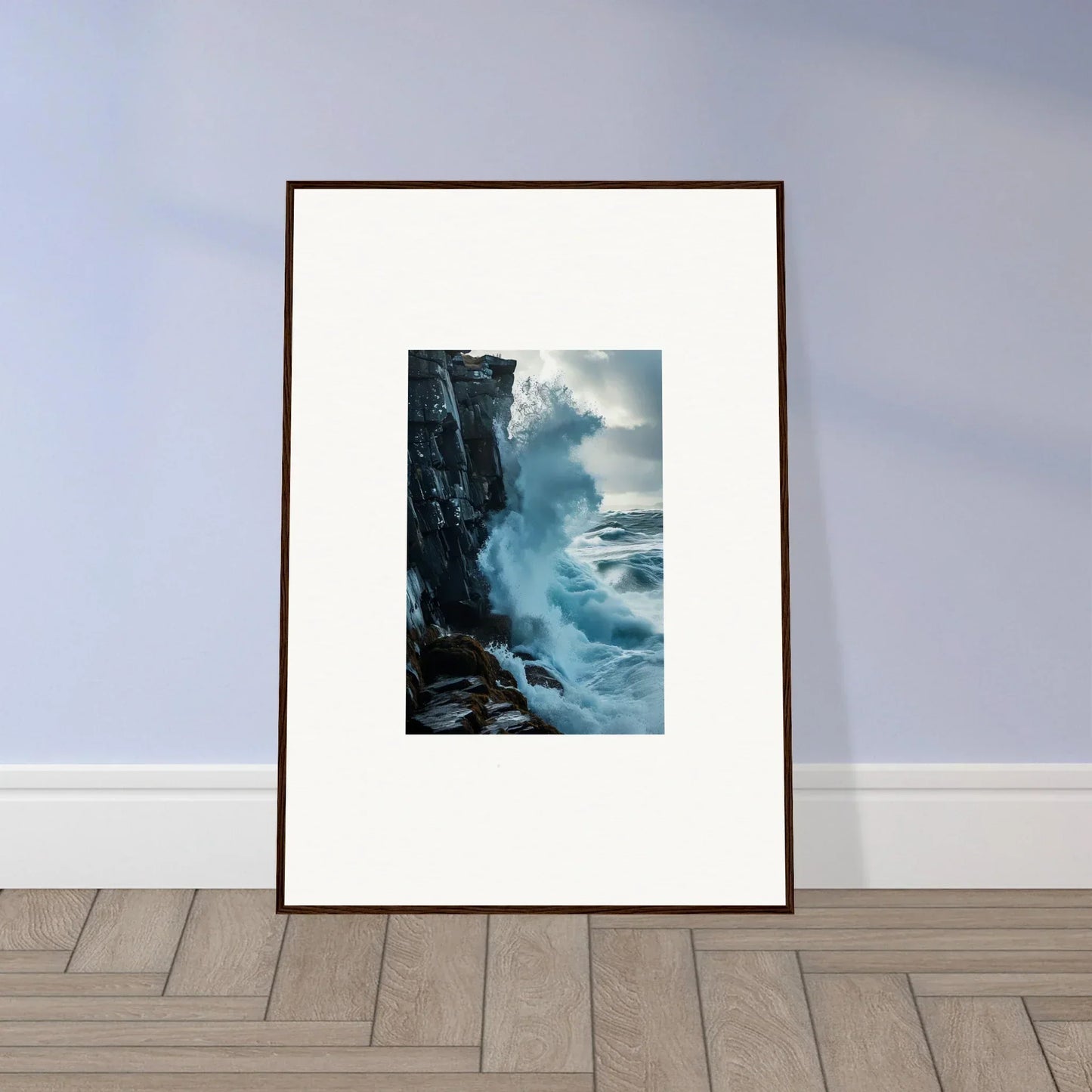 Framed wall art of a powerful ocean wave, ideal for room decor and baptism translation