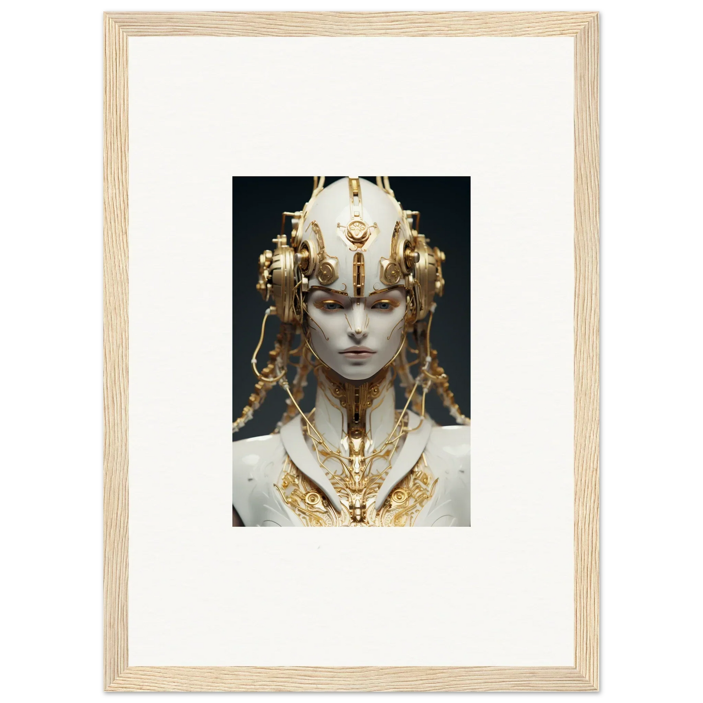 Ornate golden headdress on a pale face, perfect for Flux Radiance room decoration