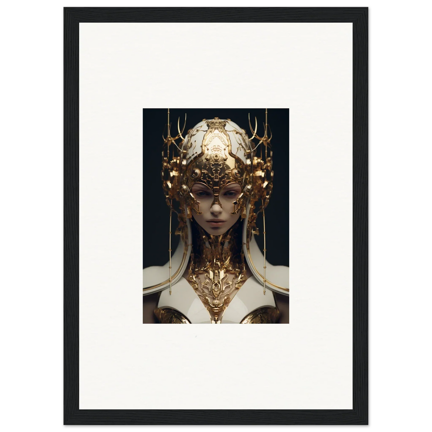 Ornate golden headdress and neck piece on a figure, perfect for ethereal sovereign room decoration