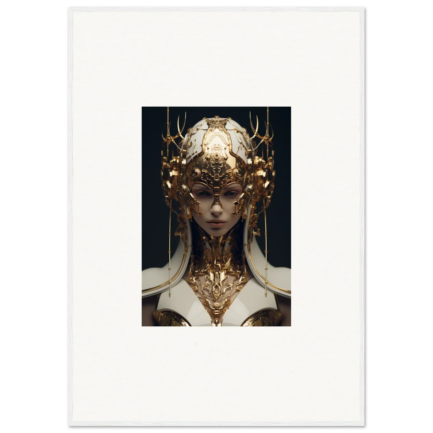 Ornate golden headdress and neck piece on an Ethereal Sovereign canvas print for room decoration