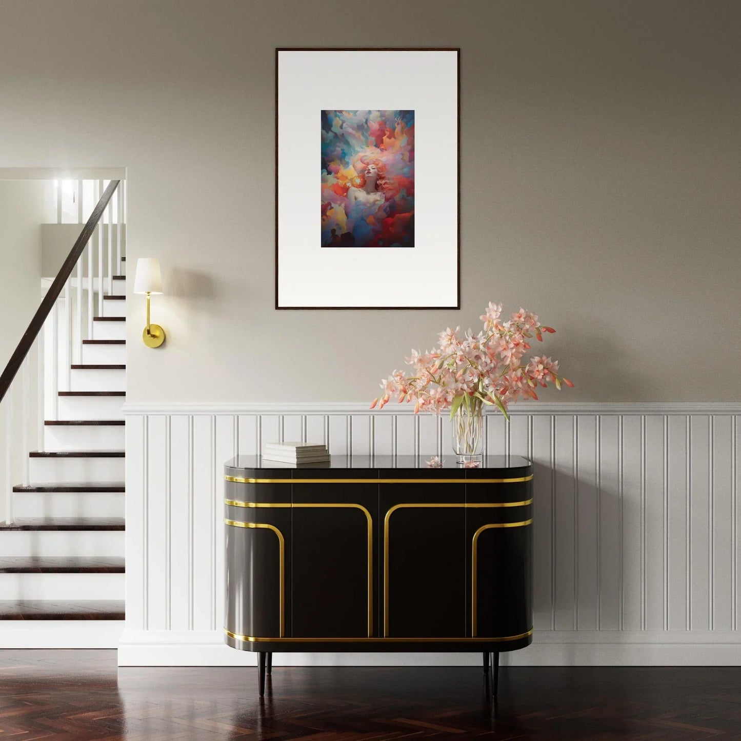 Elegant black sideboard with gold trim enhances stylish room decoration