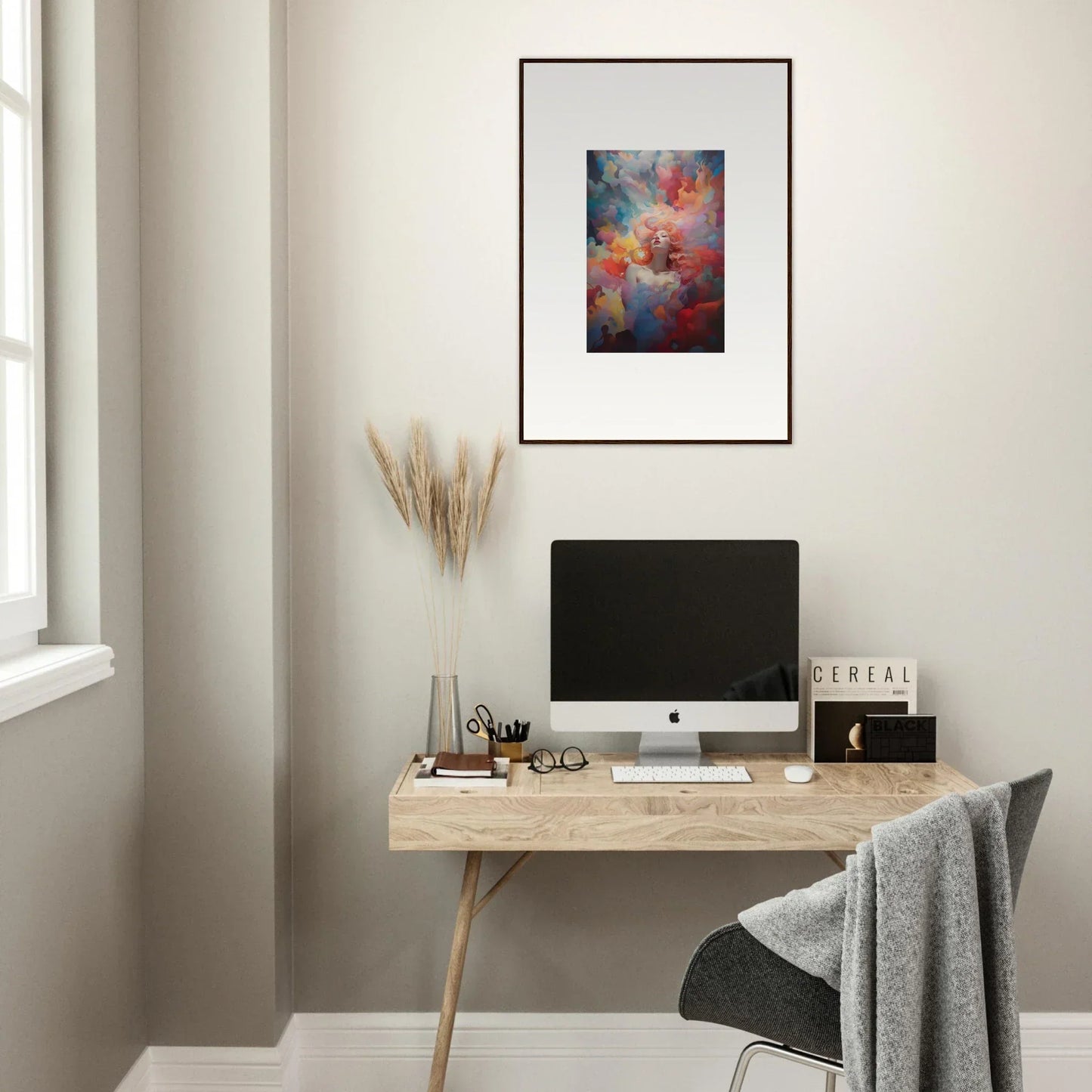 Minimalist wooden desk with a computer, perfect for room decoration and wall art vibes
