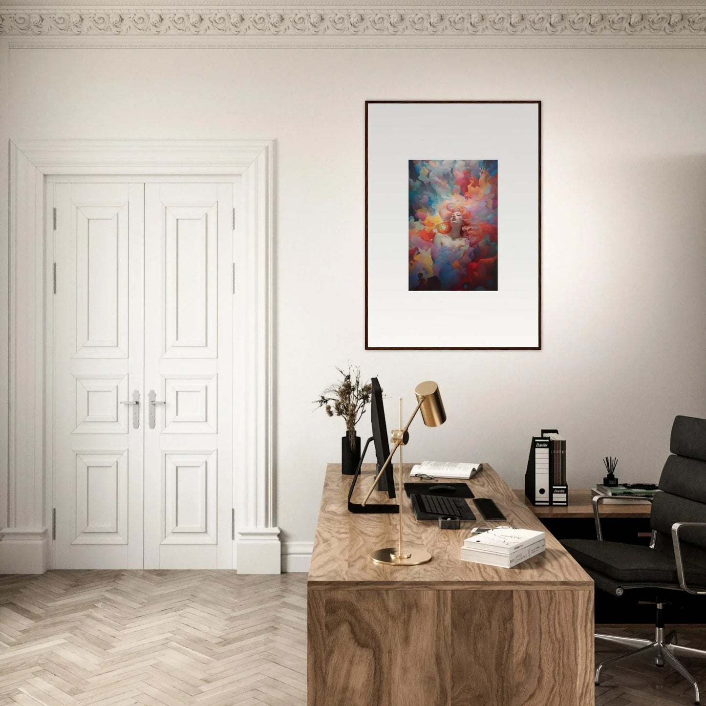 Wooden desk with typewriter and wall art under colorful canvas print for room decoration