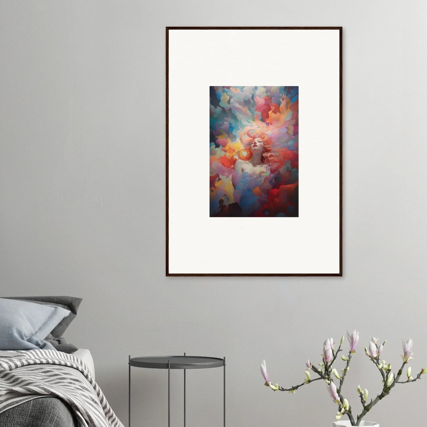 Framed abstract wall art, vibrant colors and swirling forms for room decoration