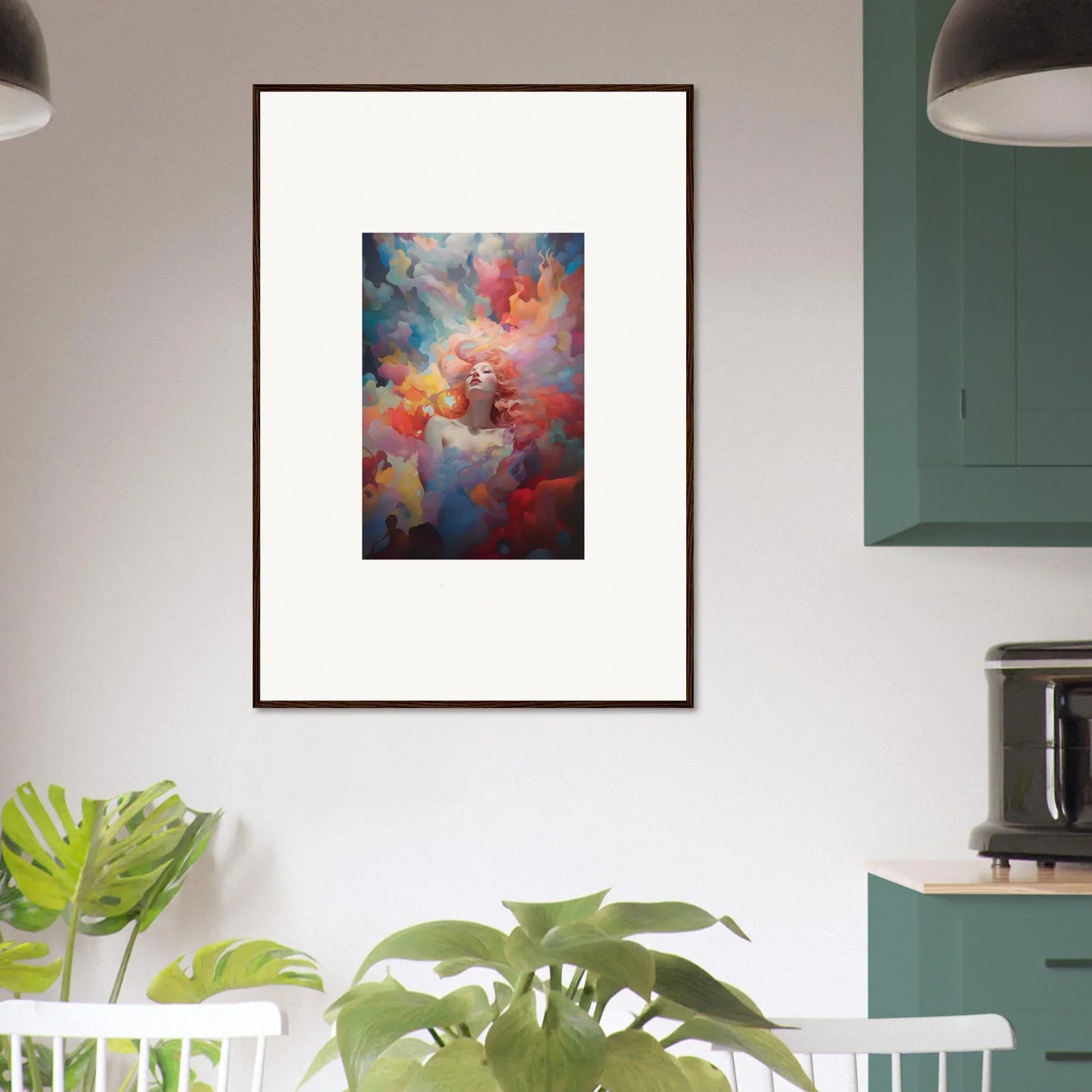 Framed abstract canvas print with vibrant swirls, perfect for room decoration
